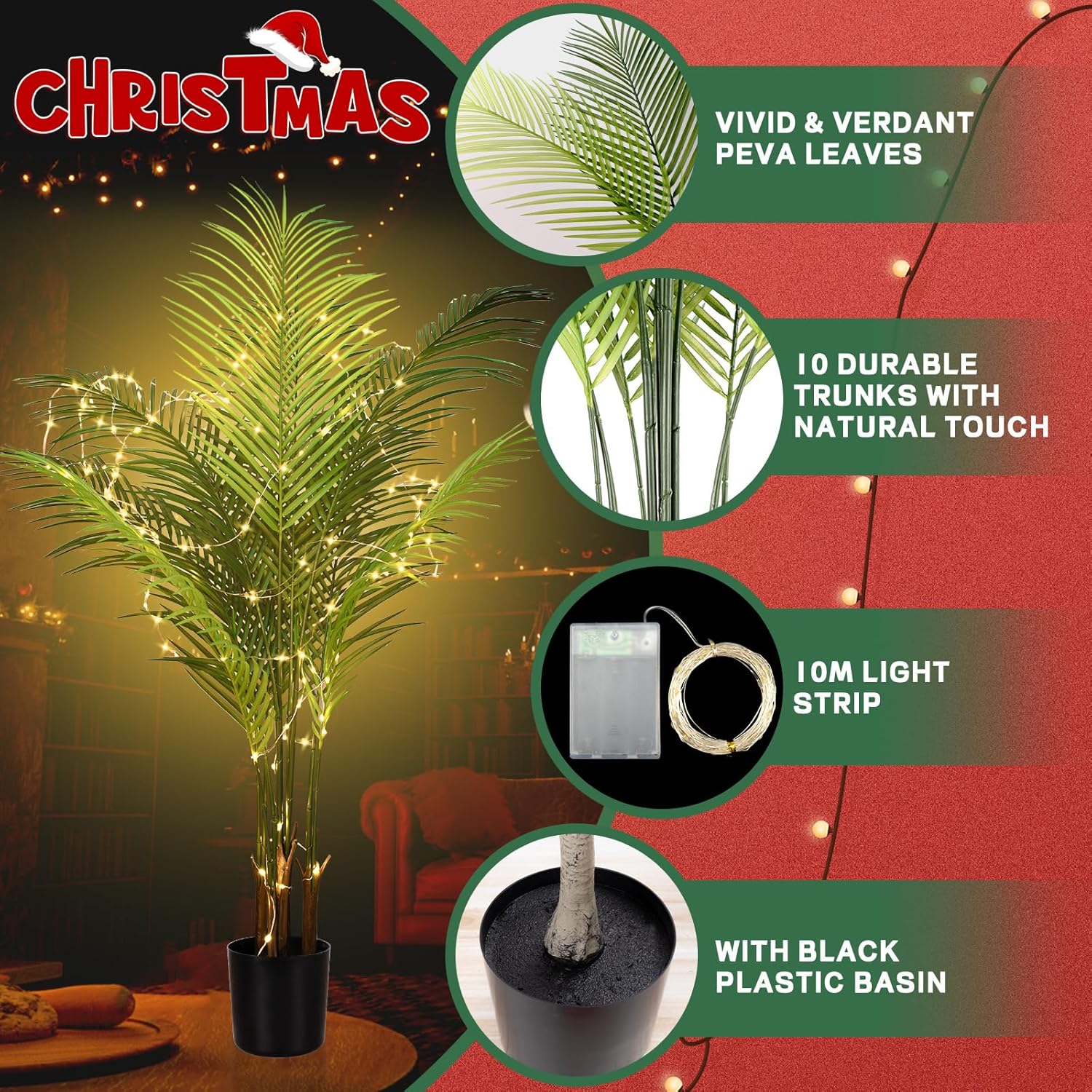 Artificial Areca Palm Plant 3.94 FT/120 Cm Tall Tropical Faux Palm Tree with 100 LED String Lights 10 Leaves Fake Palm Tree for Home Office Living Room Floor Christmas Decor image number 2