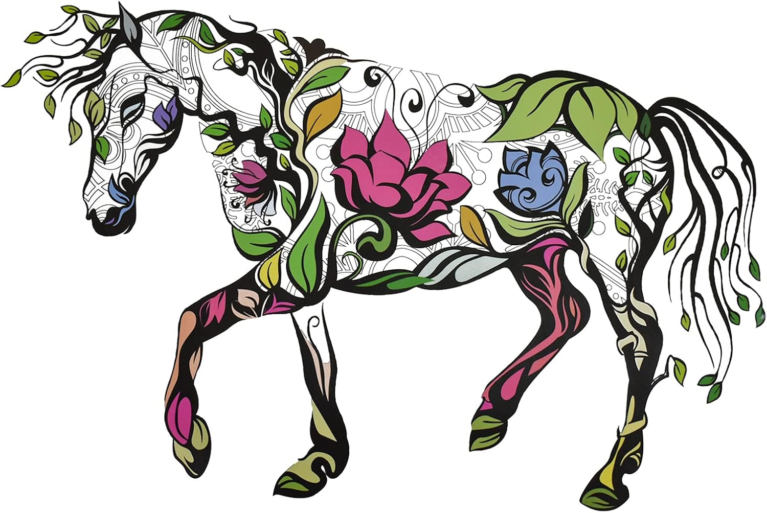 Pinenjoy Colorful Horse Wall Decal Mandala Flower Leaf Wall Sticker 23X15Inch Removable Vinyl Wall Decoration for Bedroom Living Room TV Sofa Backborad