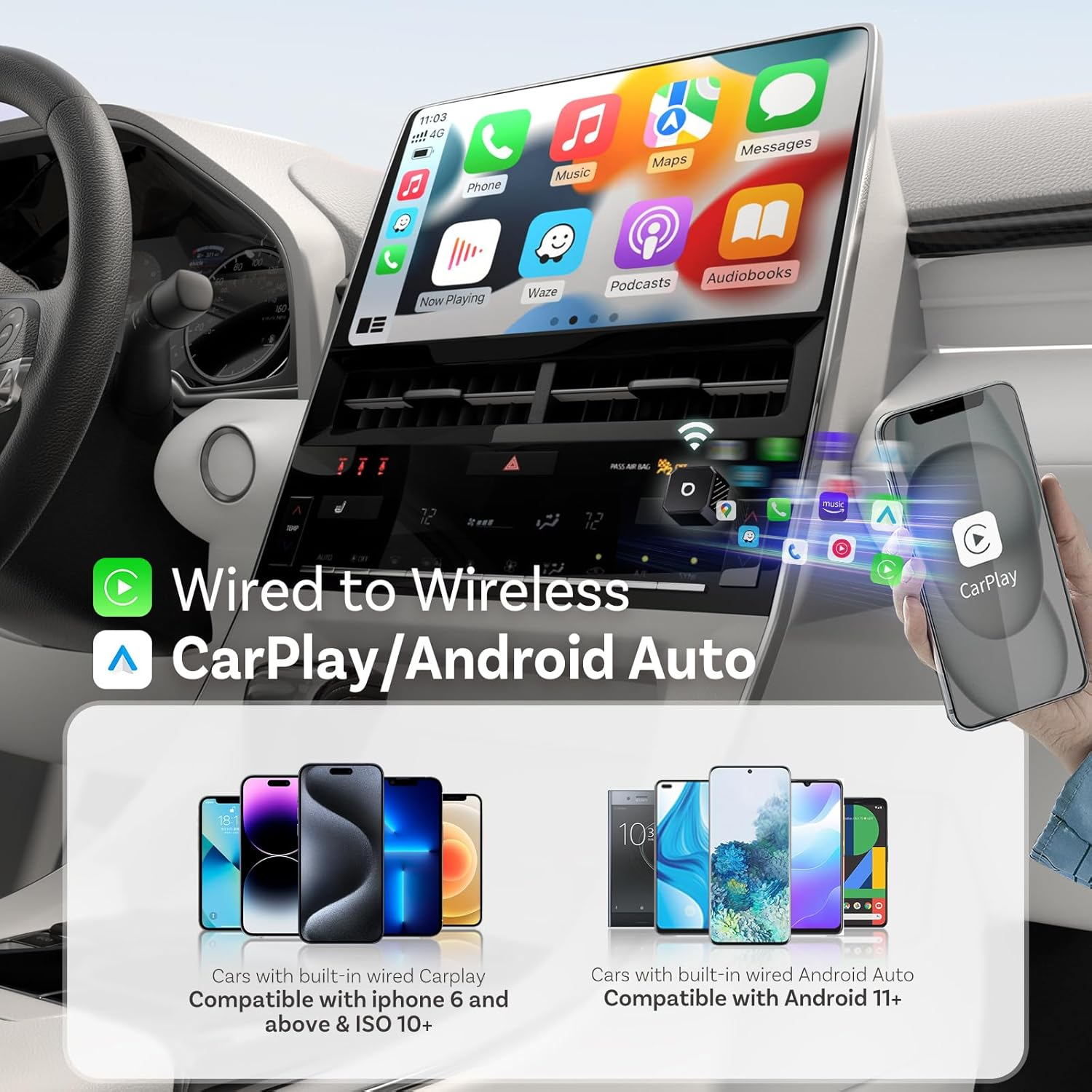 OTTOCAST Mini Pot 2025 2-In-1 Wireless Carplay/Android Auto Adapter, 5Ghz Wifi, Auto Connect for 2016+ Cars image number 3