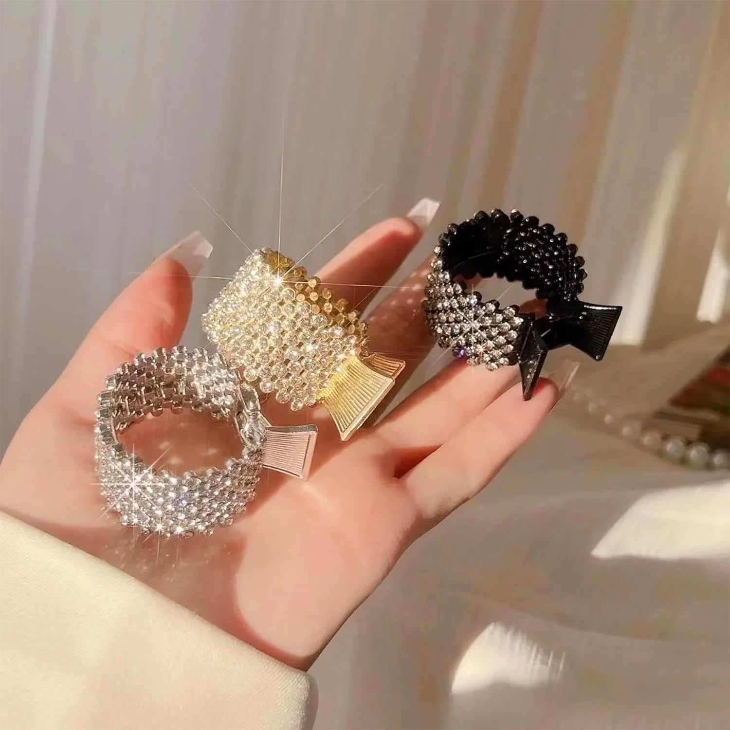 Women'S Hair Clips Metal 3 Pieces Rhinestone Hair Clips Holder High Ponytail Holder Rhinestone for Thick and Thin Hair at Work, Party or Daily Use image number 1