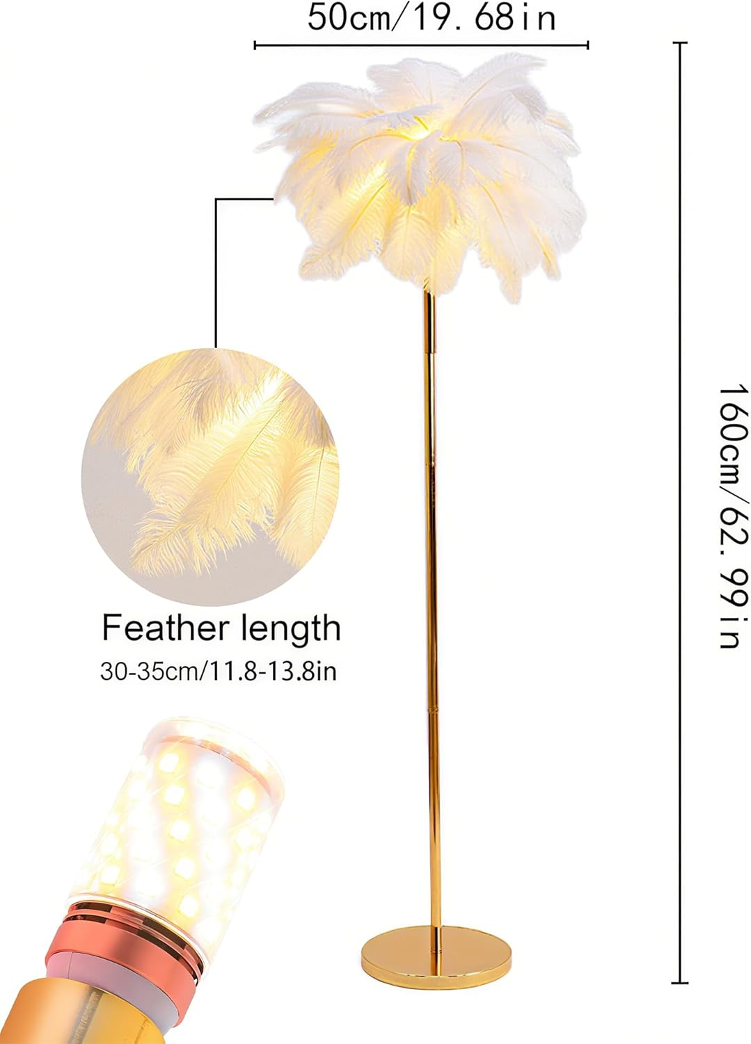 Feather Floor Lamp for Living Room, Fluffy Ostrich Feathers Lamp, Golden Color Body, 3 Color Temperatures Modern Funky Arc Tall Standing Lamp for Bedroom Inclued Bright LED Bulbs (White) image number 3