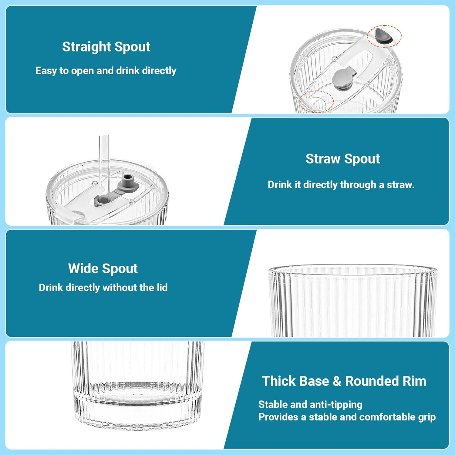Anowker 20Oz Iced Coffee Glass Cup, Ribbed Glass Tumblers with Lids and Straws, Latte and Smoothie Glasses (4) image number 1