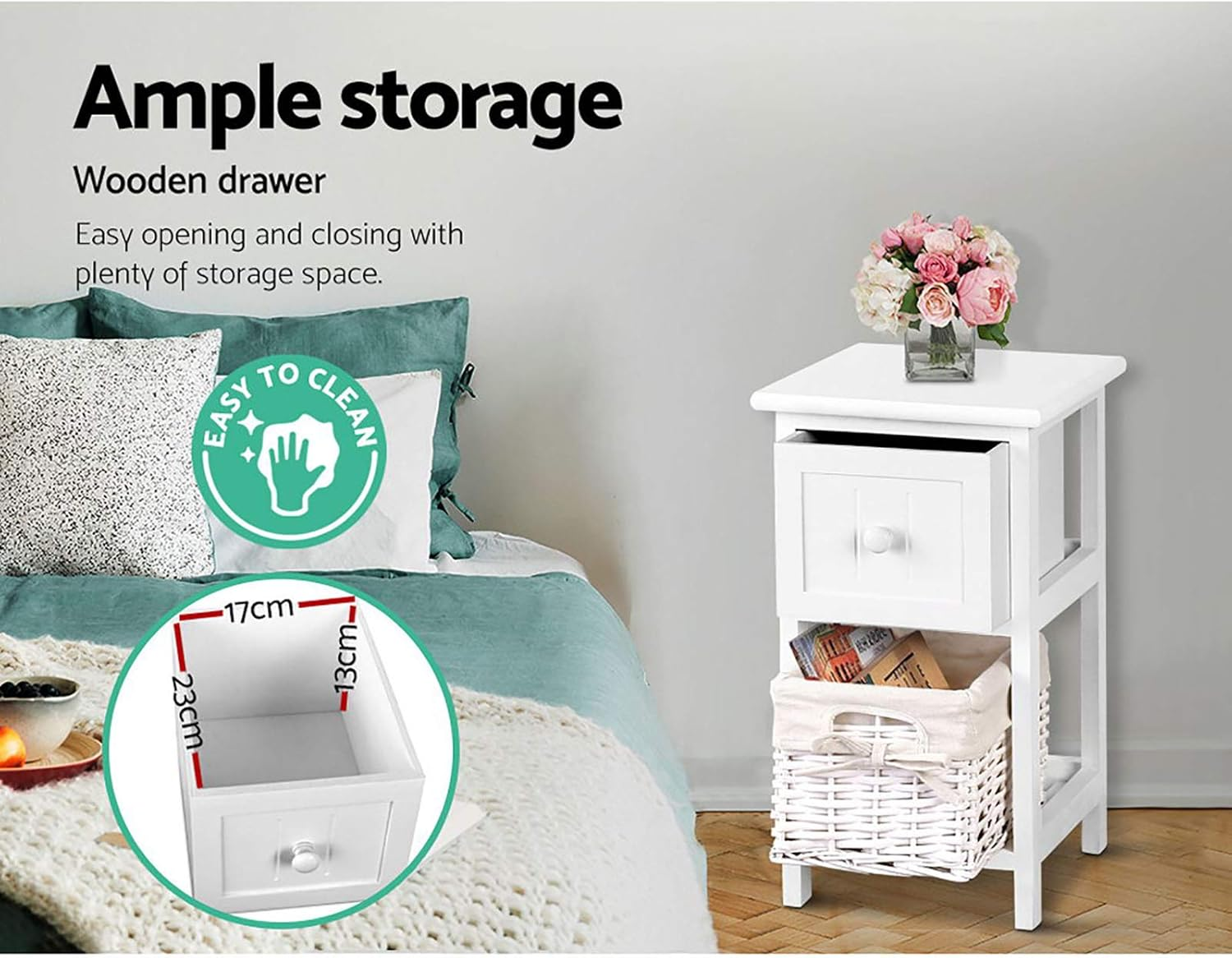 Artiss Bedside Table Set of 2 White Bed Baskets Side Tables Storage Small Narrow Desk Chest Drawers, with 1 Drawer + Shelf, Bedroom Home Furniture Tallboy Lamp Nightstand Cabinet in 45Cm Height image number 3