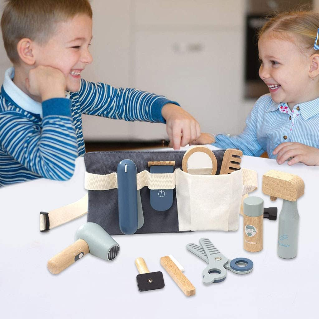 NC 11Pcs Simulation Wooden Beauty Salon Toys Pretend Play Mirror and Cosmetics Case with Toy Hairdryer Hair Styling Set Party Toy for Girl Toddler - Salon Kit image number 4