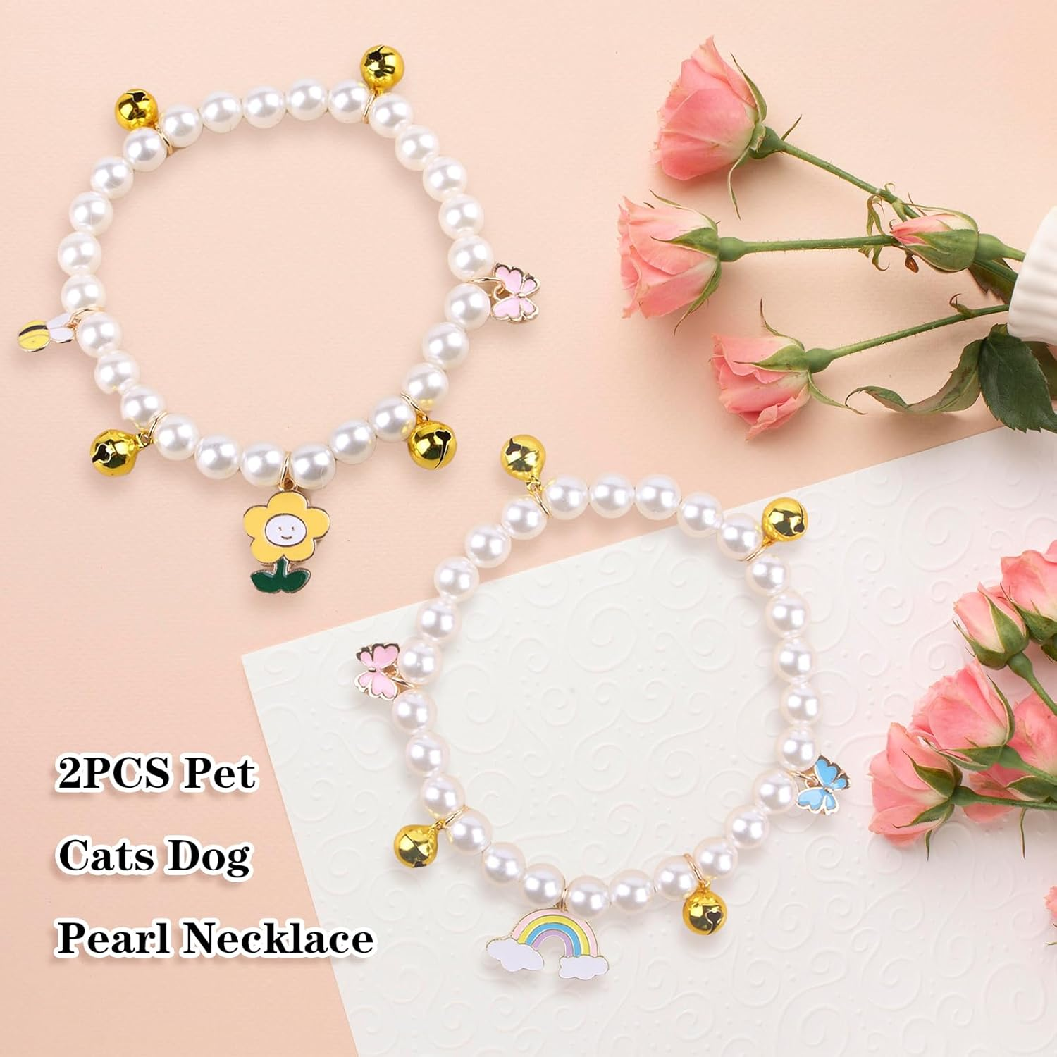 Yanmucy Cat Collar with Bell Pearl Pet Cats Dog Necklace Collar Accessories Necklace Jewellery for Kittens Small Pets Wedding Party Costume Outfits image number 3