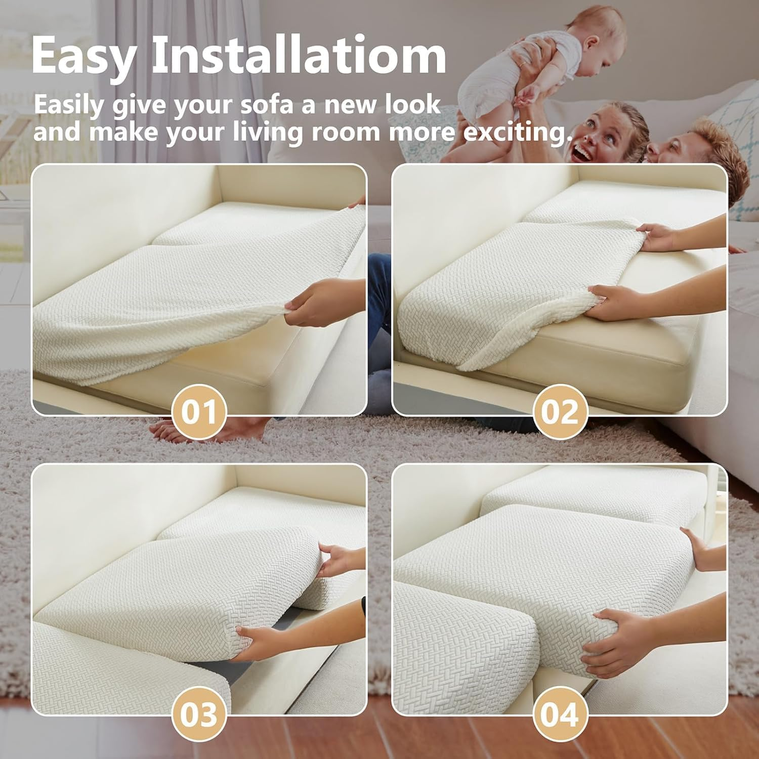 Miners2000 Magic Sofa Covers - High Stretch Universal Cushion Covers with Elastic Bottom - Anti-Slip Couch Cushion Replacement for Pets Washable (Texture-White, Back Cover L) image number 5