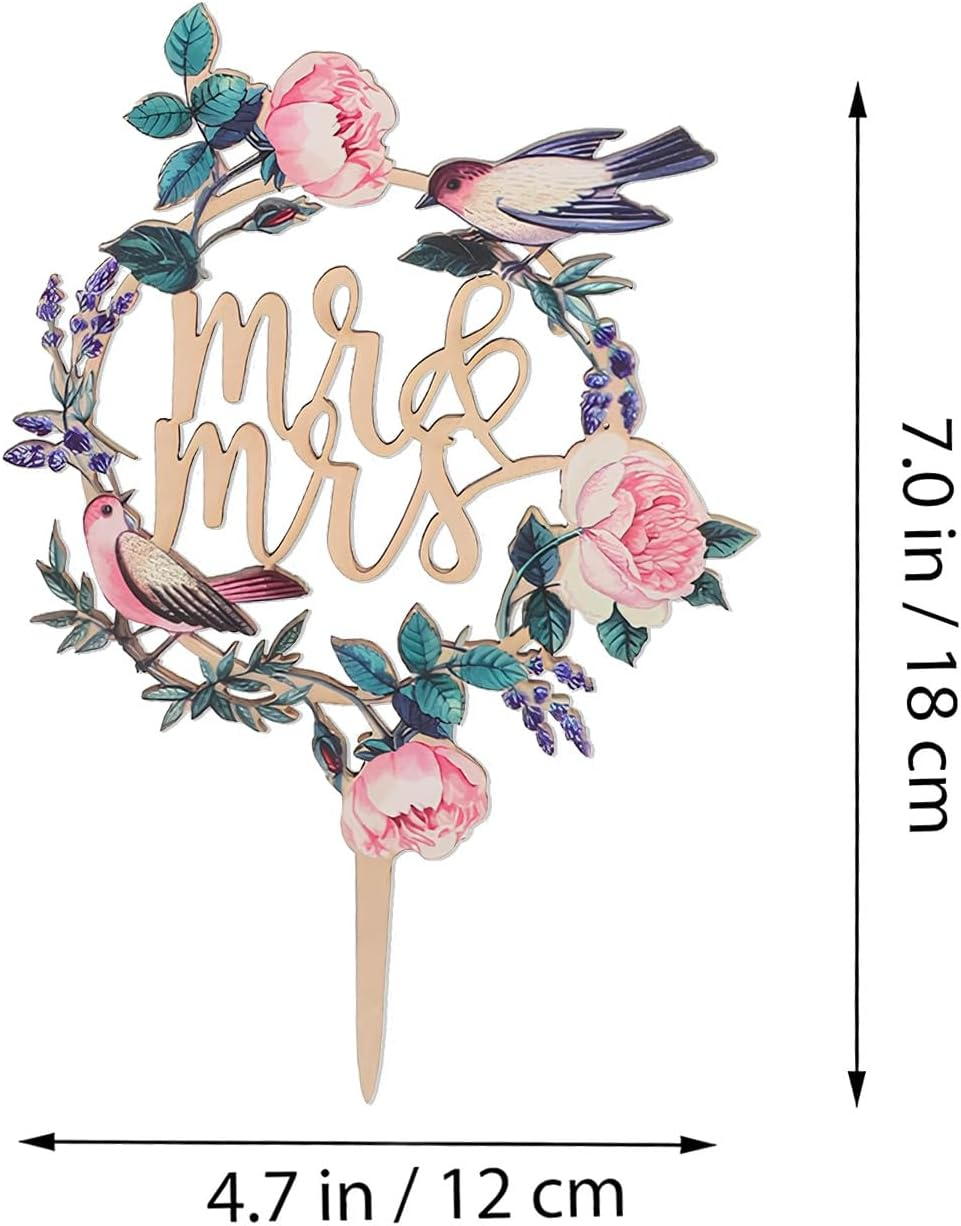Mr & Mrs Wooden Cake Topper &ndash; Rose & Bird Floral Wedding Cake Decorations &ndash; Rustic Cake Sign for Engagement, Anniversary & Bridal Parties &ndash; 7 Inch Height image number 5