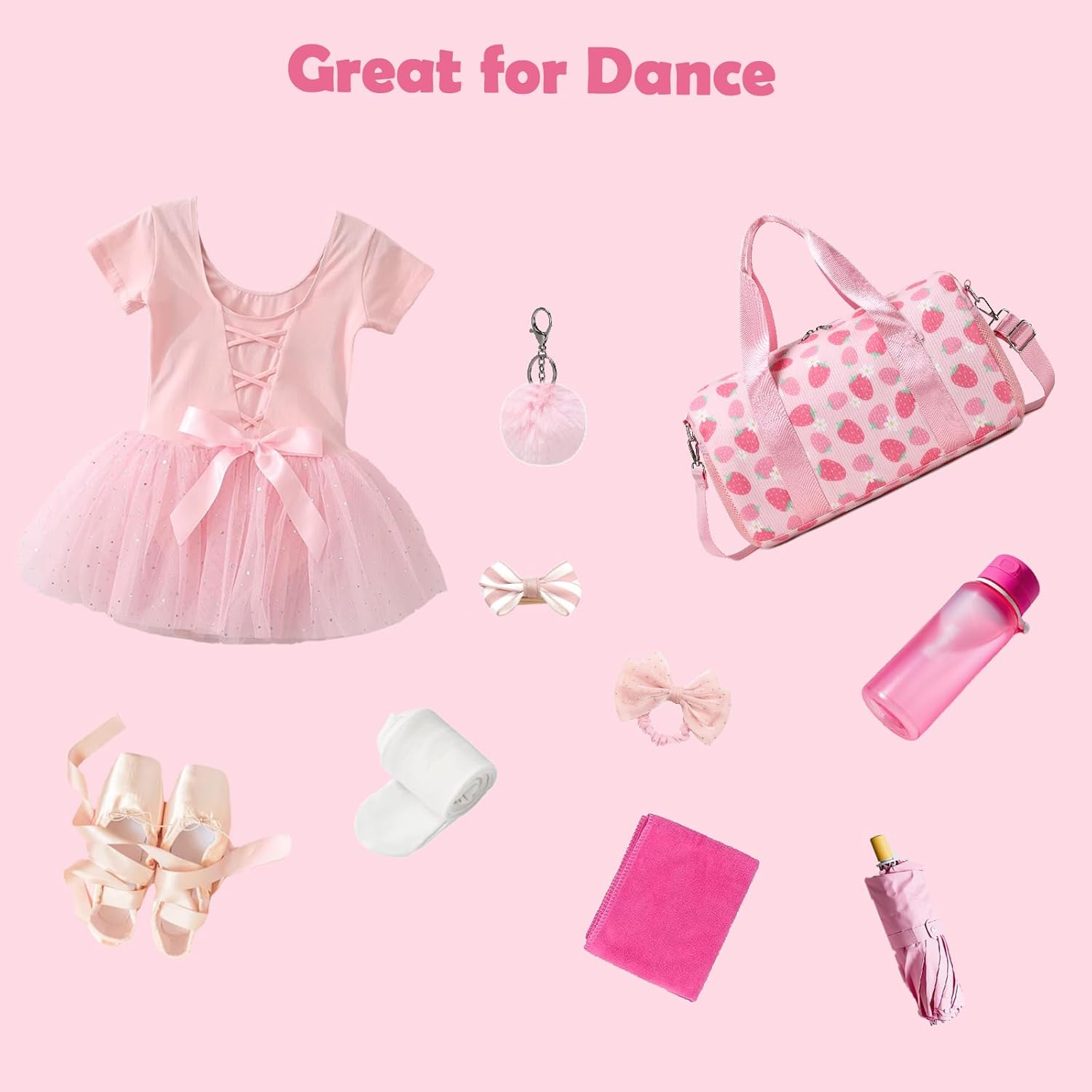 Ballet Bag for Girls, Strawberry Dance Bag with Plush Pendant Small Dance Bag Gymnastics Sport Bag Overnight Travel Sleepover Bags with Wet and Dry for Toddler Girls Age 4-6 image number 6