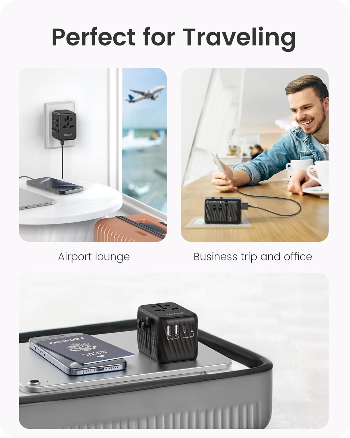 LENCENT Universal Travel Power Adapter, International AC Plug Adaptor with 5.6A 3 USB C 2 USB a Ports Wall Charger Worldwide Travel Essentials for US to EU UK Ireland Australia (Type C/G/A/I) Black image number 5