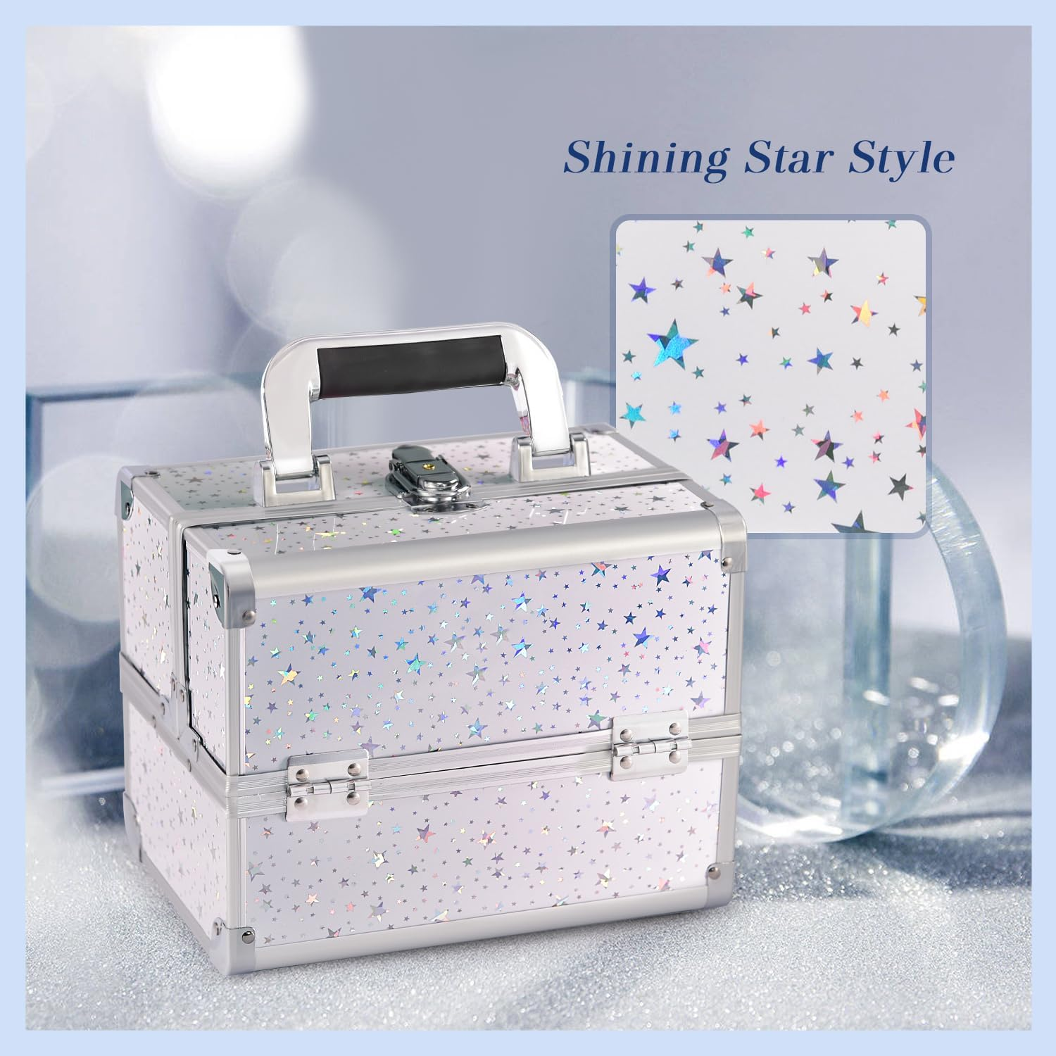 Joligrace Vanity Case Makeup Box Cosmetic Case Beauty Storage Make up Organiser Jewellery Box with Mirror, Lockable with Keys, White Holographic Star, Glamorous image number 4