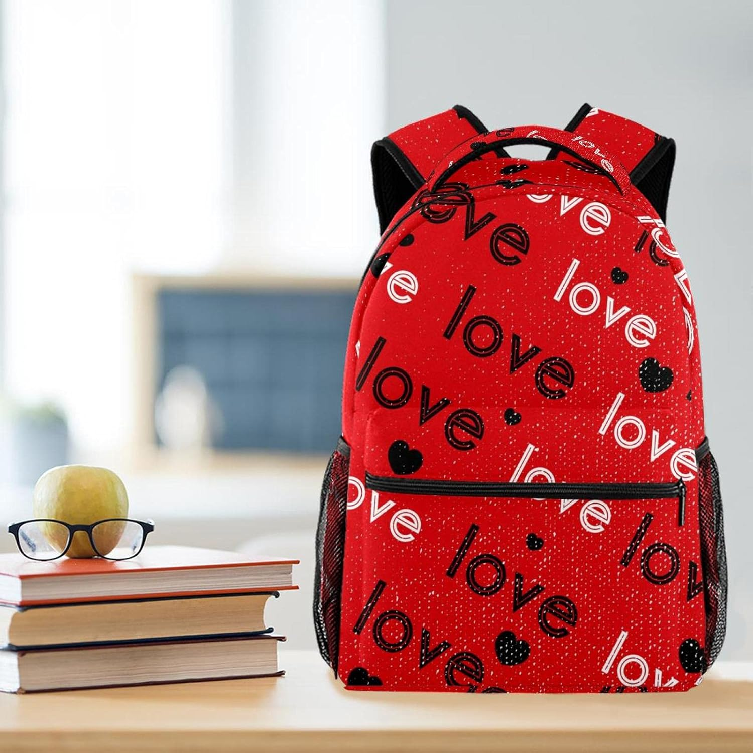 Black White Love Heart Red Background Backpack Students Shoulder Bags Travel Bag College School Tote Backpacks image number 3