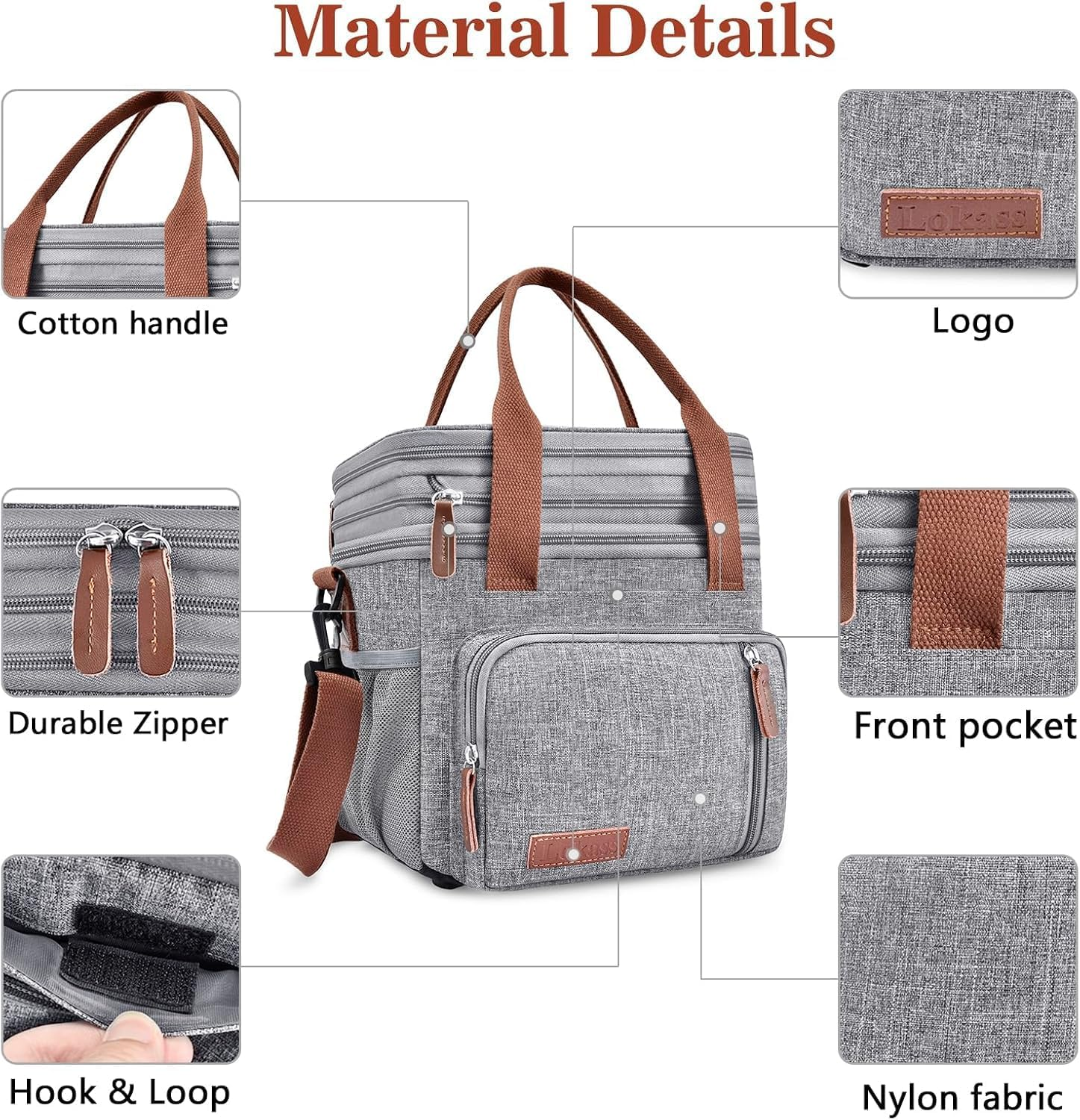 Lunch Bag for Women Men, Large Insulated Adult Lunch Box Leakproof Lunchbox Cooler Bag for Work Picnic Beach (Double Layer Gray) image number 4