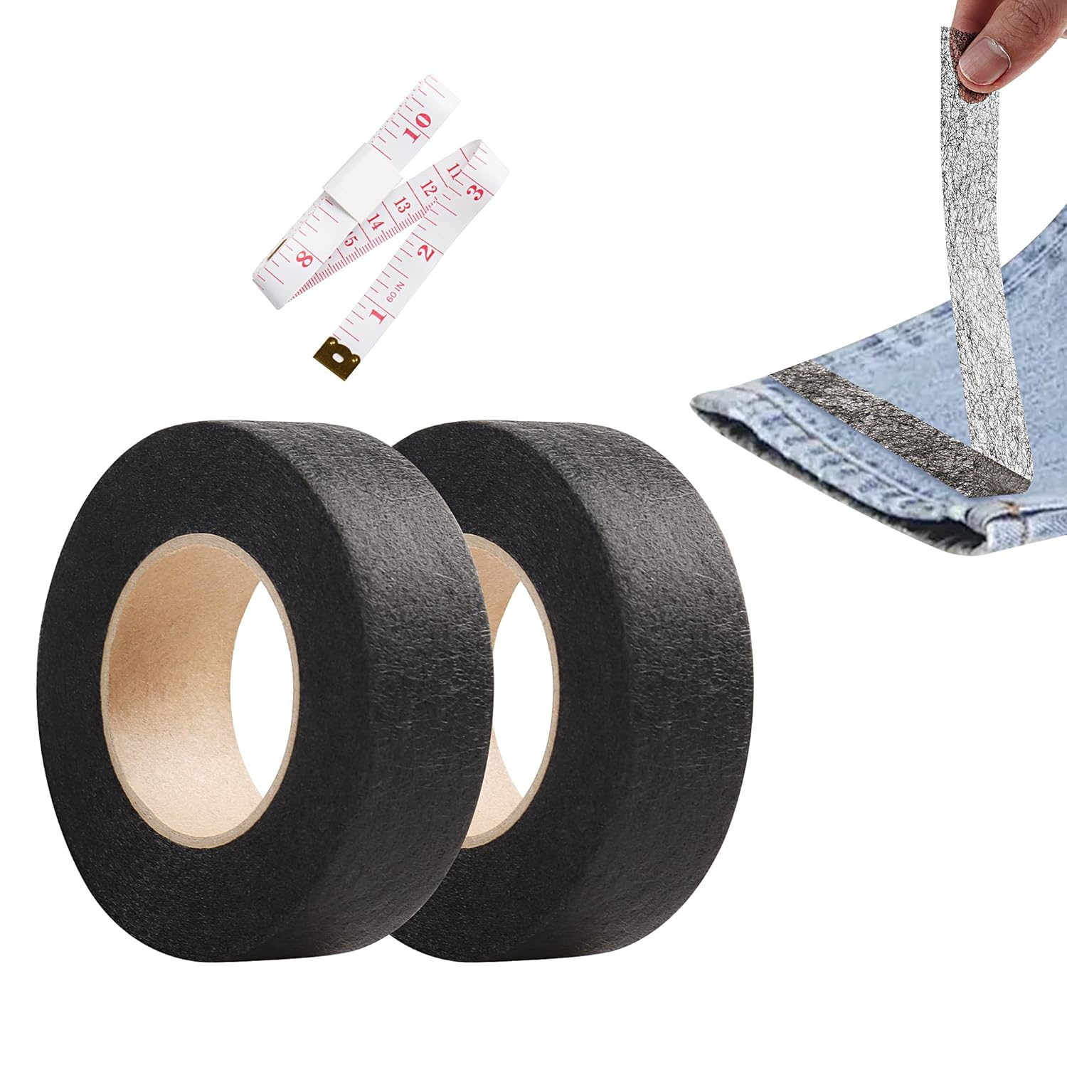 JUNART 2Pcs 2Cm&times;24M Hemming Tape Iron on Hemming Tape,Fabric Fusing Tape, Adhesive Double Sided Hem Tapes for Repair Curtains,Pants,Skirts,Jeans,Fabric Clothes with Tape Measure(Black)
