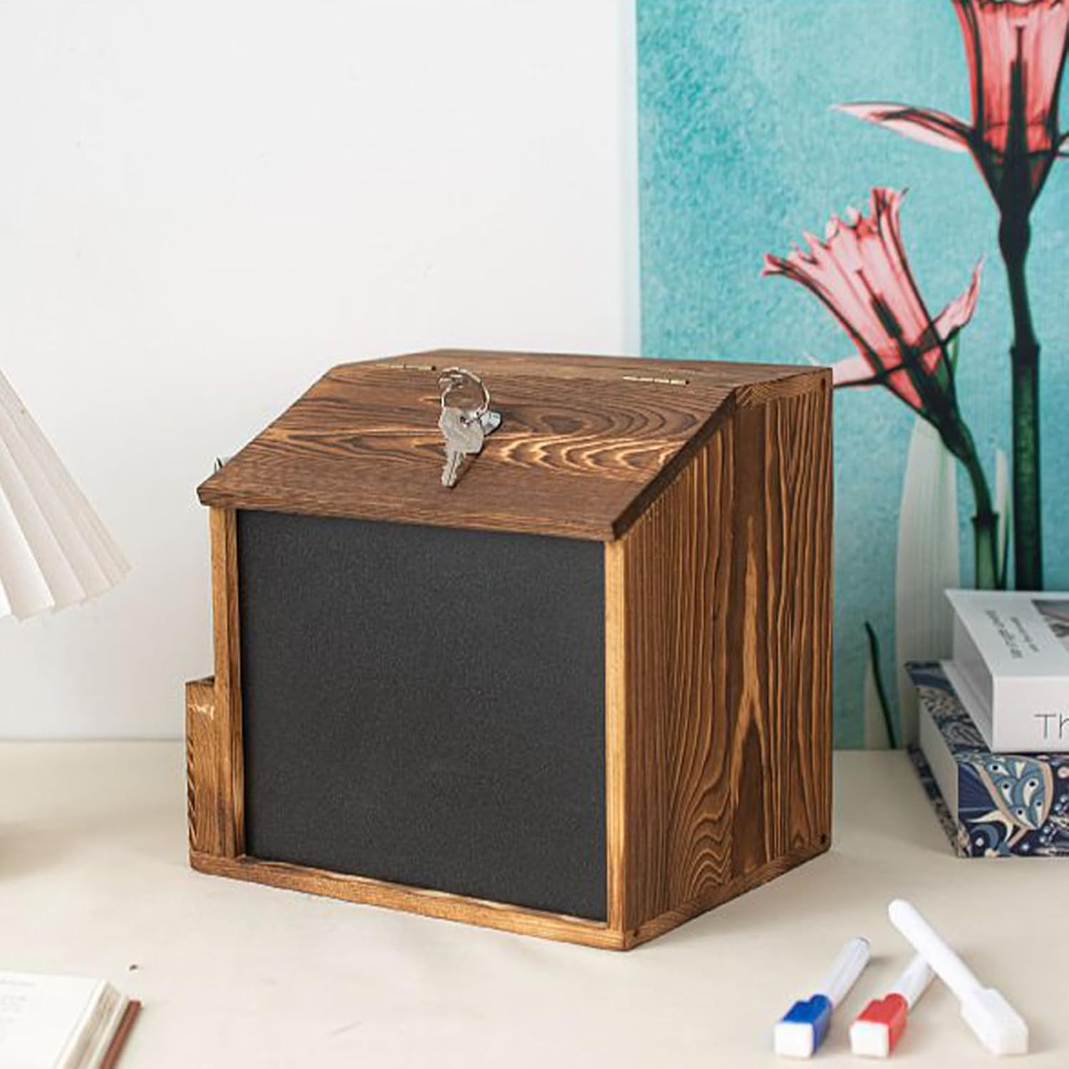 Vgvgaj Suggestion Box - Comment Box - Vintage Wooden Locked Secure Wall Vault Mailbox with Blackboard for Outdoor Fundraising Church image number 2