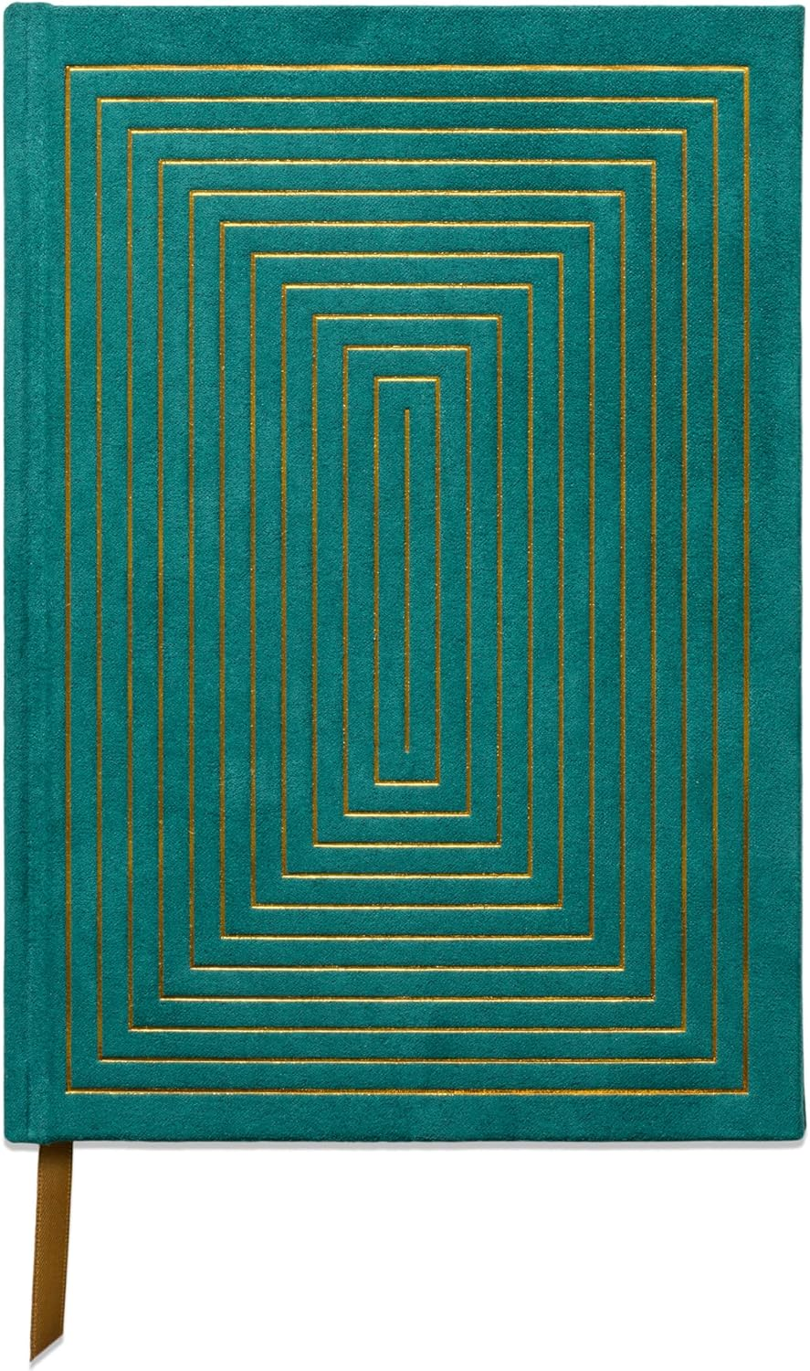 Designworks Ink Suede Cloth Hardcover Journal Notebook with 160 Lined Pages, Ribbon Bookmark, and Storage Pocket for Work, Writing, Journaling - Green Journal with Geometric Linear Box Design (JB58-1011)