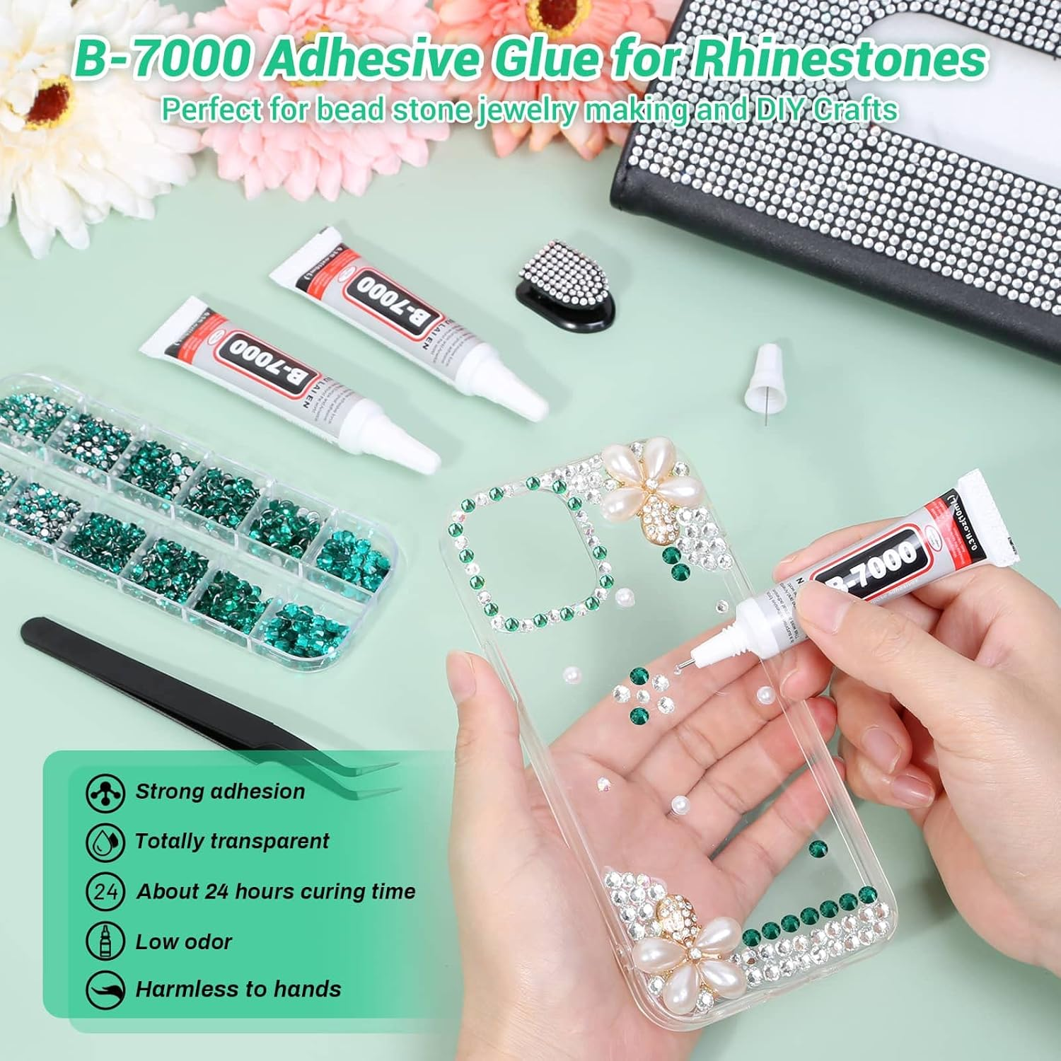 Audab B7000 Jewelry Adhesive with Rhinestones for Crafts, 2100Pcs Flat Back Gems Green Crystal Rhinestones with Tweezer Dotting Tools Gems Glue for DIY Clothes Fabric Shoes Make up Nail Art DAMN-0128 image number 5