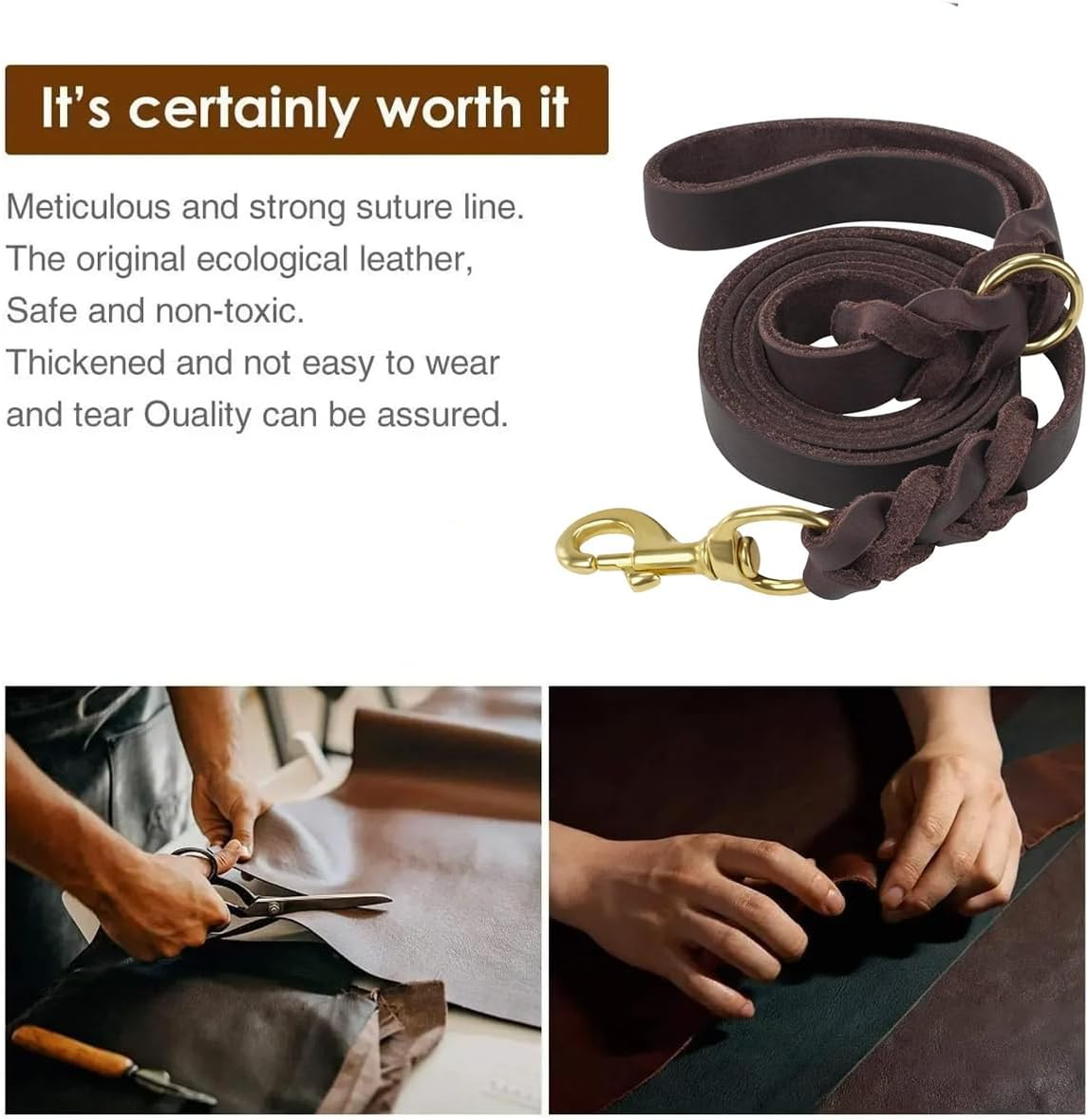 AIMALL 59" Genuine Full-Grain Cowhide Dog Leash - Handwoven Leather Pet Lead with 360&deg; Rotating Brass Hook, Heavy Duty Traction Rope for All Dog Breeds image number 4