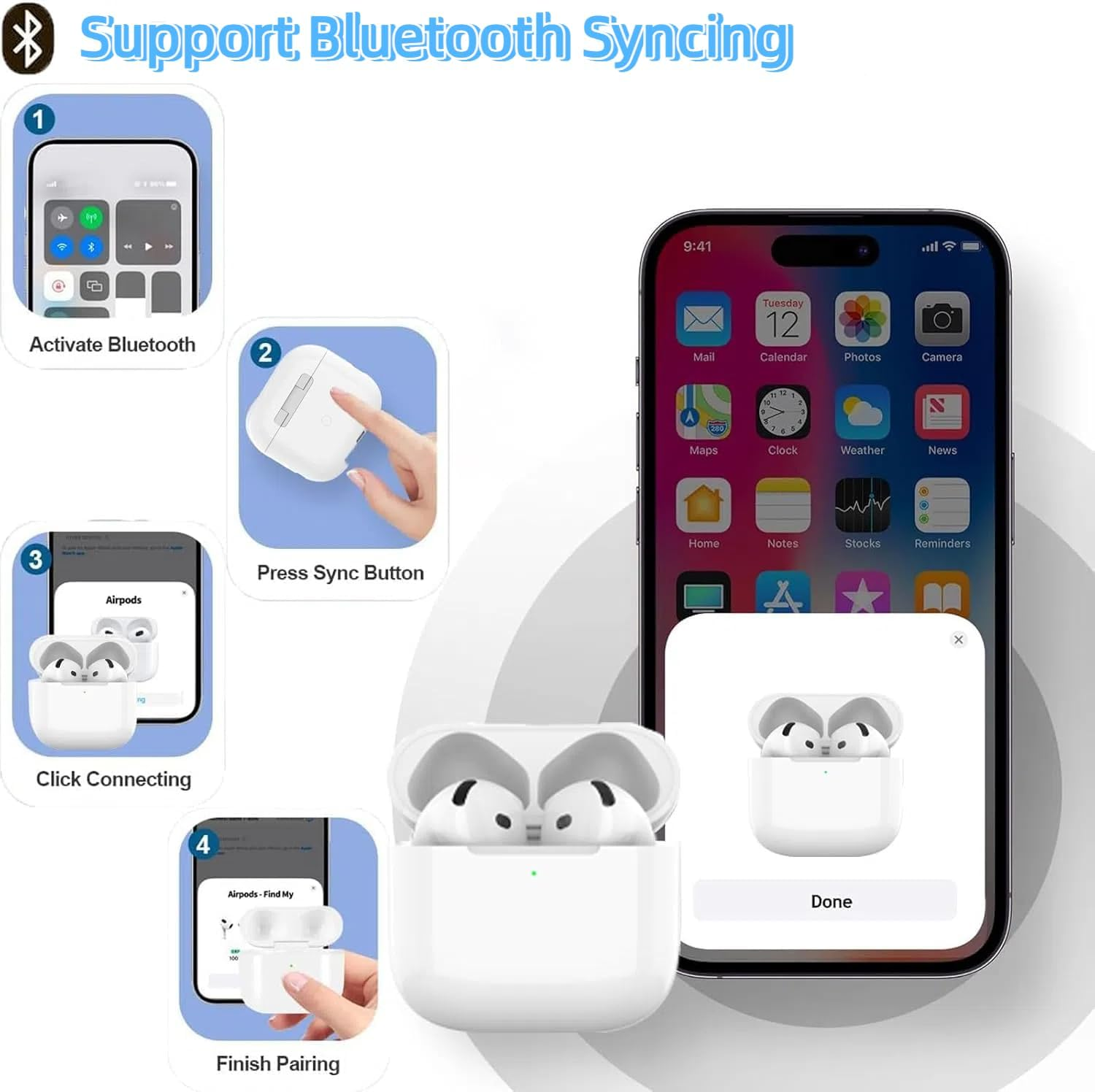 PLALZDS Wireless Charging Case Replacement Compatible with Airpods 4Rd Generation, Charger Case for Airpods 4 with Bluetooth Pairing Sync Button image number 1