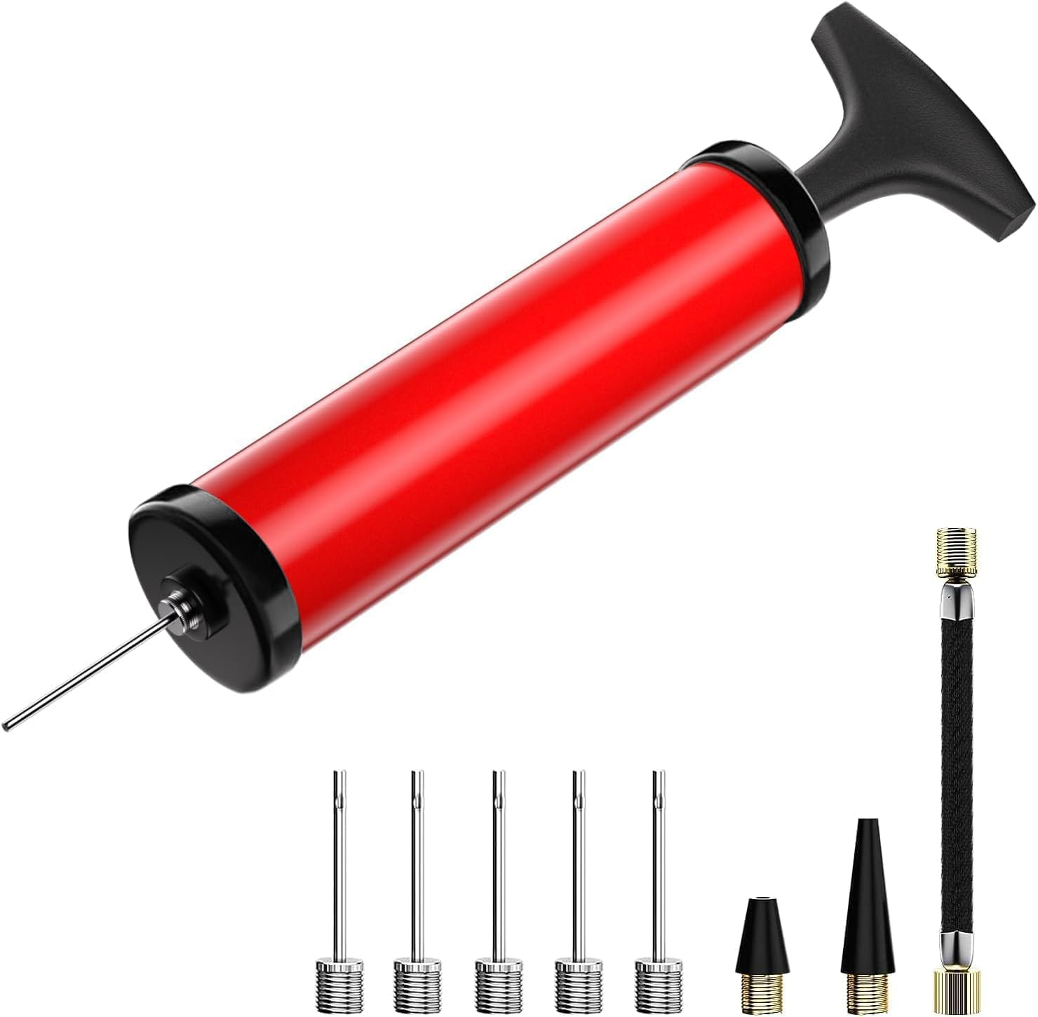 Mumoo Bear Ball Pump, Sports Ball Pump with 5 Needles, Nozzle, Extension Hose, Push & Pull Inflator System, Perfect for Volleyball, Basketball, Football, Soccer, Water Polo, Swim Inflatables-Red image number 1