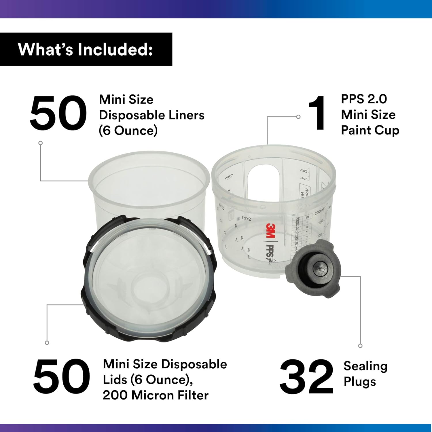 3M PPS 2.0 Spray Gun Cup, Lids and Liners Kit, 26114, Mini, 6 Ounces, 200-Micron Filter, Use for Cars, Furniture, House and More, 1 Paint Cup, 50 Disposable Lids and Liners, 32 Sealing Plugs, White - 3 Oz (Micro) image number 6