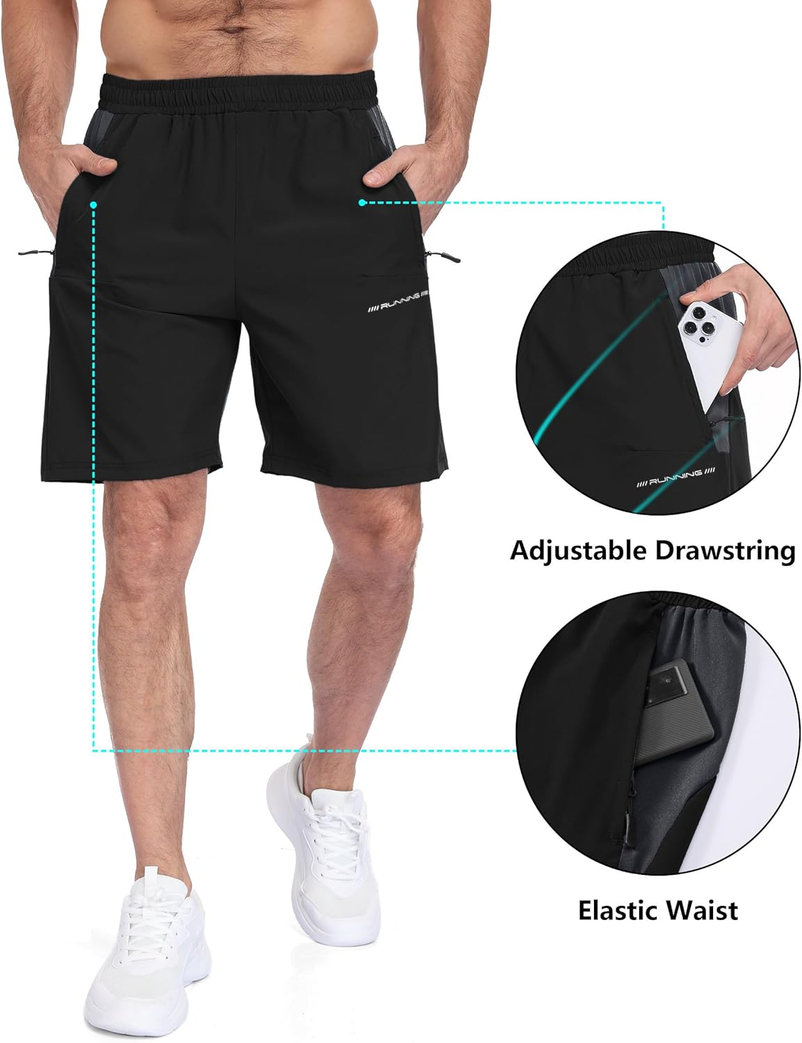 Mens Gym Workout Shorts with Zip Pockets Polyester Sport Athletic Training Shorts Dry Fit 2 Pack Running Tennis