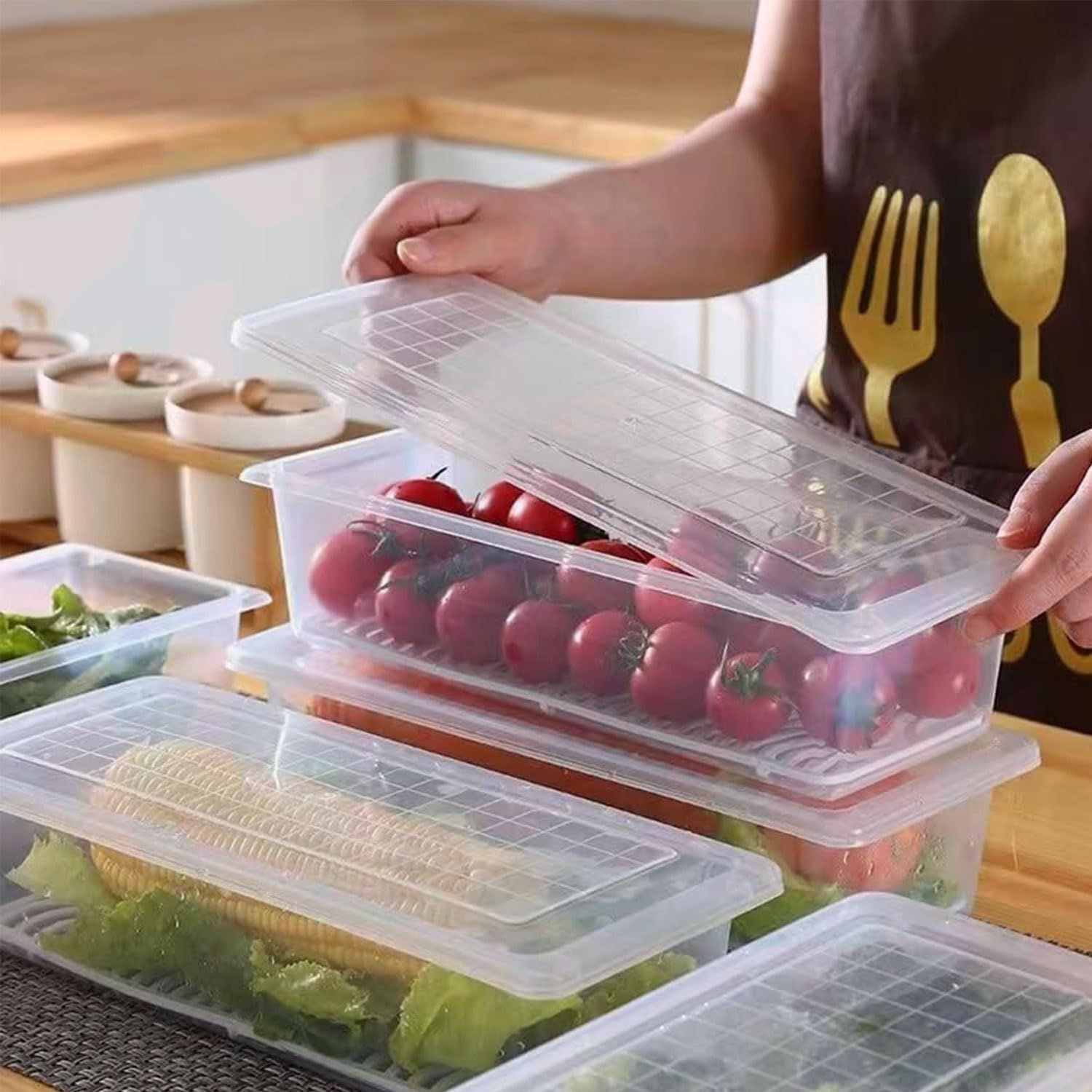 YIRANJIA 3Pcs Large Size Plastic Food Storage Containers Stackable Fridge Organiser for Fruit & Vegetable Storage or Wash, Kitchen Storage & Organisation Bins with Lids & Removable Drain Basket image number 5