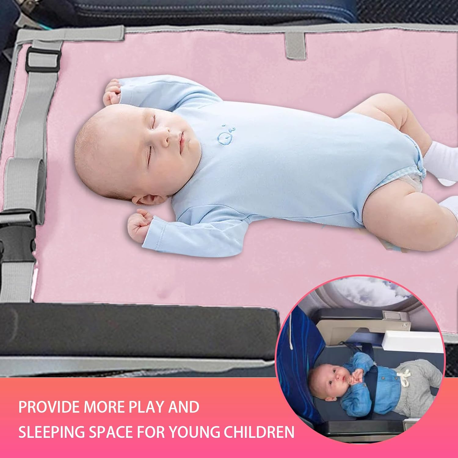 Pink Airplane Bed for Toddler 76&times;44.5Cm, Airplane Seat Extender for Travel Waterproof Lightweight Airplane Foot Hammock Suitable for All Aircraft Seats,Comfortable Flight Companion for Your Child image number 2