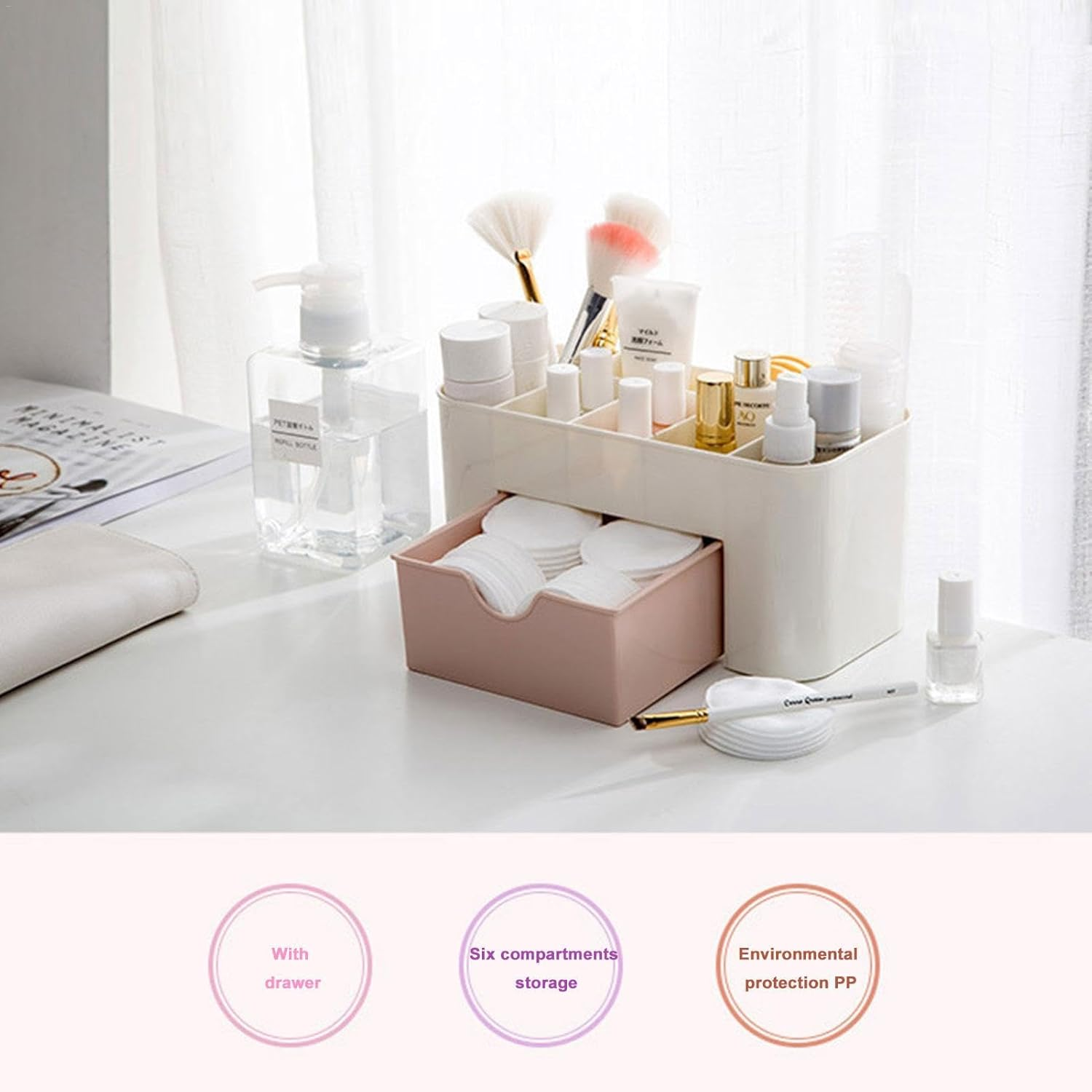 Makeup Organiser - Makeup Storage Box, Cosmetic Storage Organiser | Cosmetic Brush Holder Desk Organiser, Cosmetic Storage Box Drawer Type, Vanity Organiser for Cosmetics, Lipsticks, Jewellery, Pink, - Green image number 7