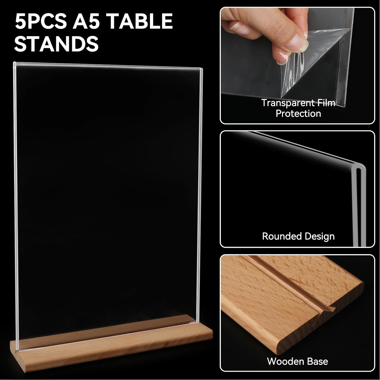 Fayrvind 5 Pack A5 Acrylic Sign Holder with Wooden Base, T-Shape Perspex Display Holder, Double Sided Clear Menu Poster, Wedding Table Number Stands, Tabletop Sign Holder for Retailer Vendor Booth image number 5