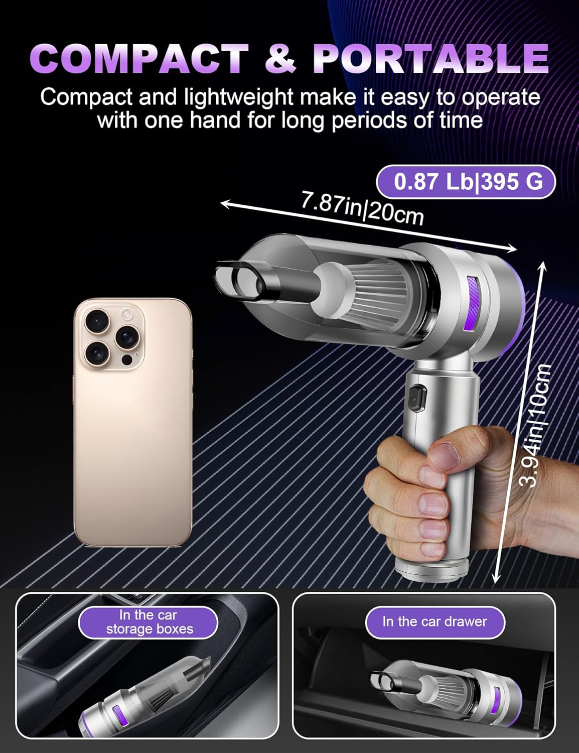 Handheld Car Vacuum Portable Cordless, 15000Pa High Power Handheld Vacuum with Brushless Motor, 4 in 1 Vacuum Cleaner Air Duster for Car Home Office Pet Hair Keyboard image number 2