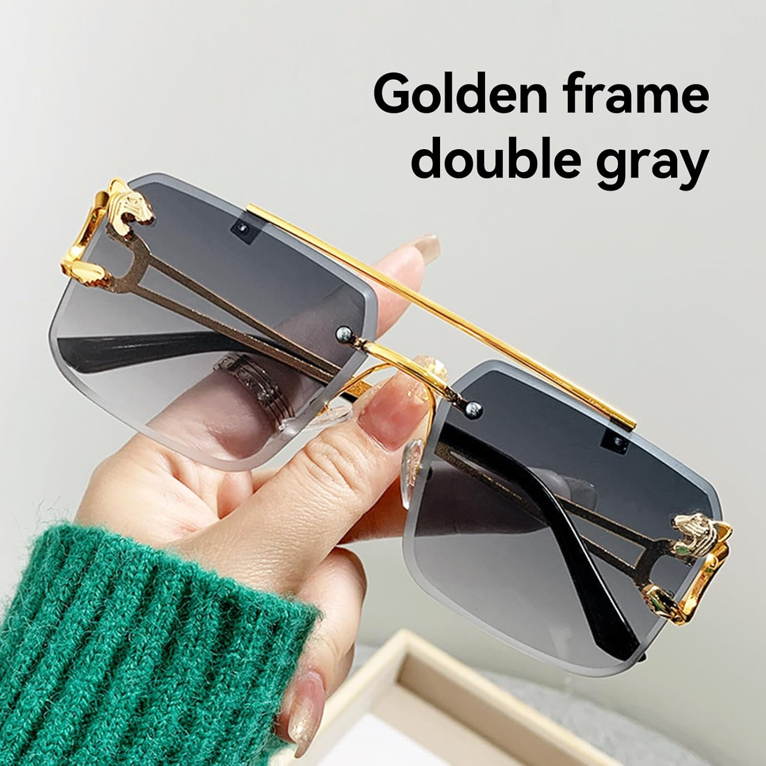 Kepoita Rimless Sunglasses for Men Square Fashion Shades Tinted Lens Metal Frameless Rectangle Y2K Glasses UV400, A:Gold Frame Double Grey, Suitable for All Face Shapes image number 3