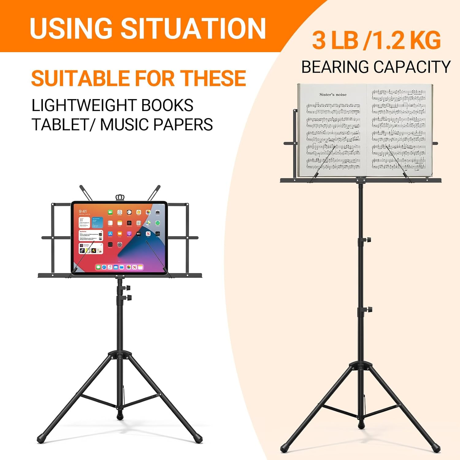IRONTREE Music Stand - 2 in 1 Dual-Use Desktop Book Stand Folding Music Holder Portable and Lightweight with Music Sheet Clip Holder & Carrying Bag Suitable for Instrumental Performance (Black) image number 1