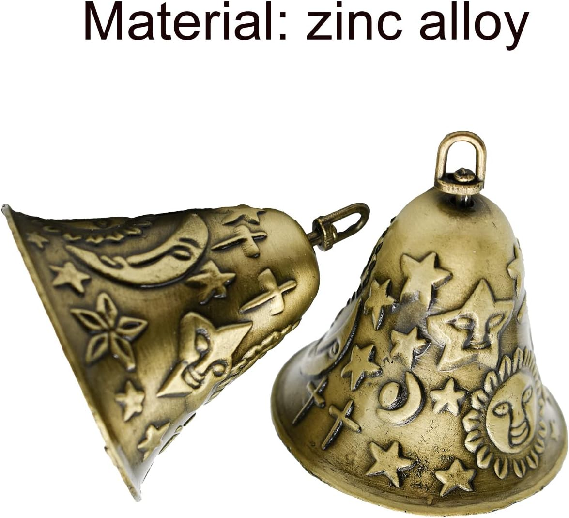 Pinenjoy 2Pcs Feng Shui Bell Carved Sun Star Moon Pattern Vintage Bronze Bell 2.64X2.36Inch Temple Wind Chime for Home Garden Door Good Luck Bless Hanging Decors image number 4