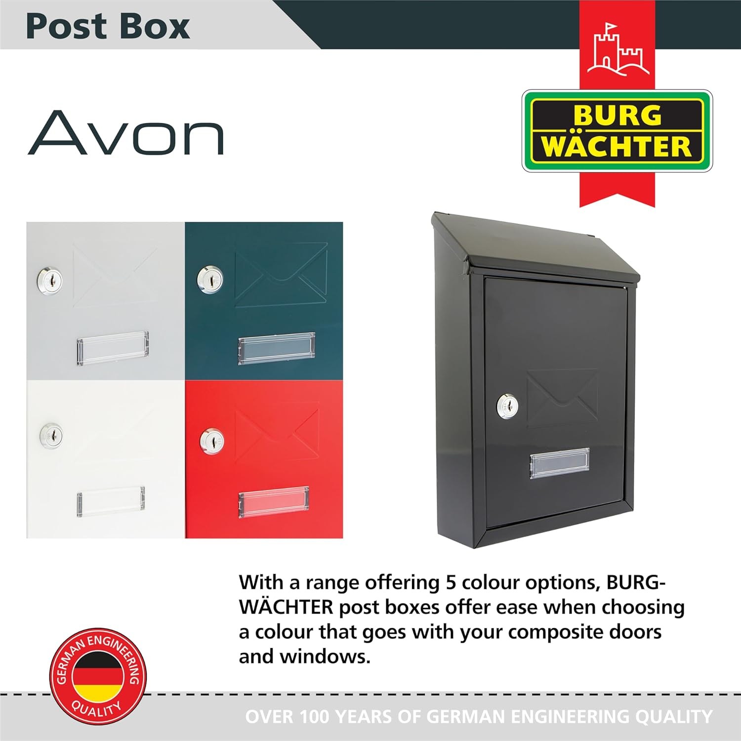 Burg-Wachter MB09BK Avon Rear Entry Wall Mounted Galvanised Steel Lockable Weatherproof Post Box - Black - 21X30X6.5Cm - Green image number 3