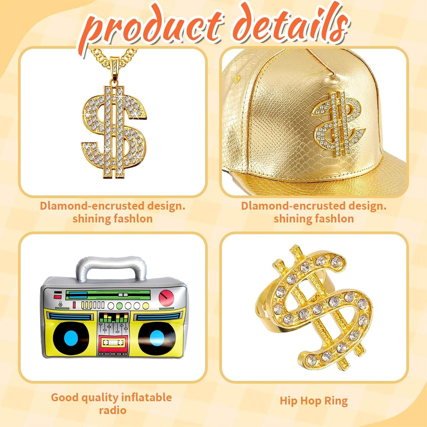 7Pcs Hip Hop Accessories Set for Men and Women, Gold Rapper Costume Kit with Cap Sunglasses Necklace Ring Bracelet Waist Bag Inflatable Boombox, for 80S 90S Old School Fancy Dress Party Props image number 2