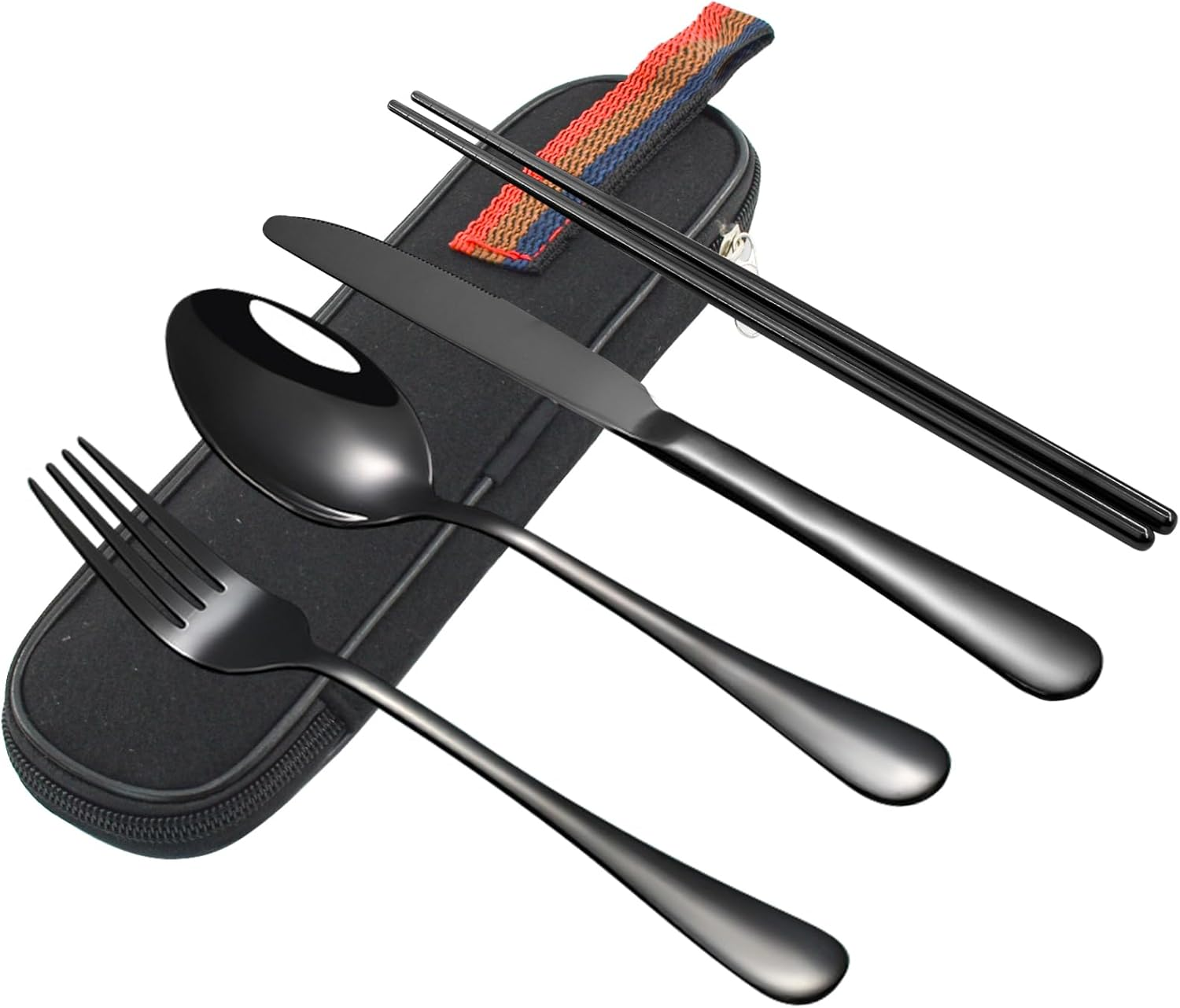 VANRA Portable Travel Utensils Set with Case 4-Piece Stainless Steel Camping Cutlery Set Reusable Silverware Set for Work Fork Spoon Knife Chopstick for Lunch Box School Picnic (Black)