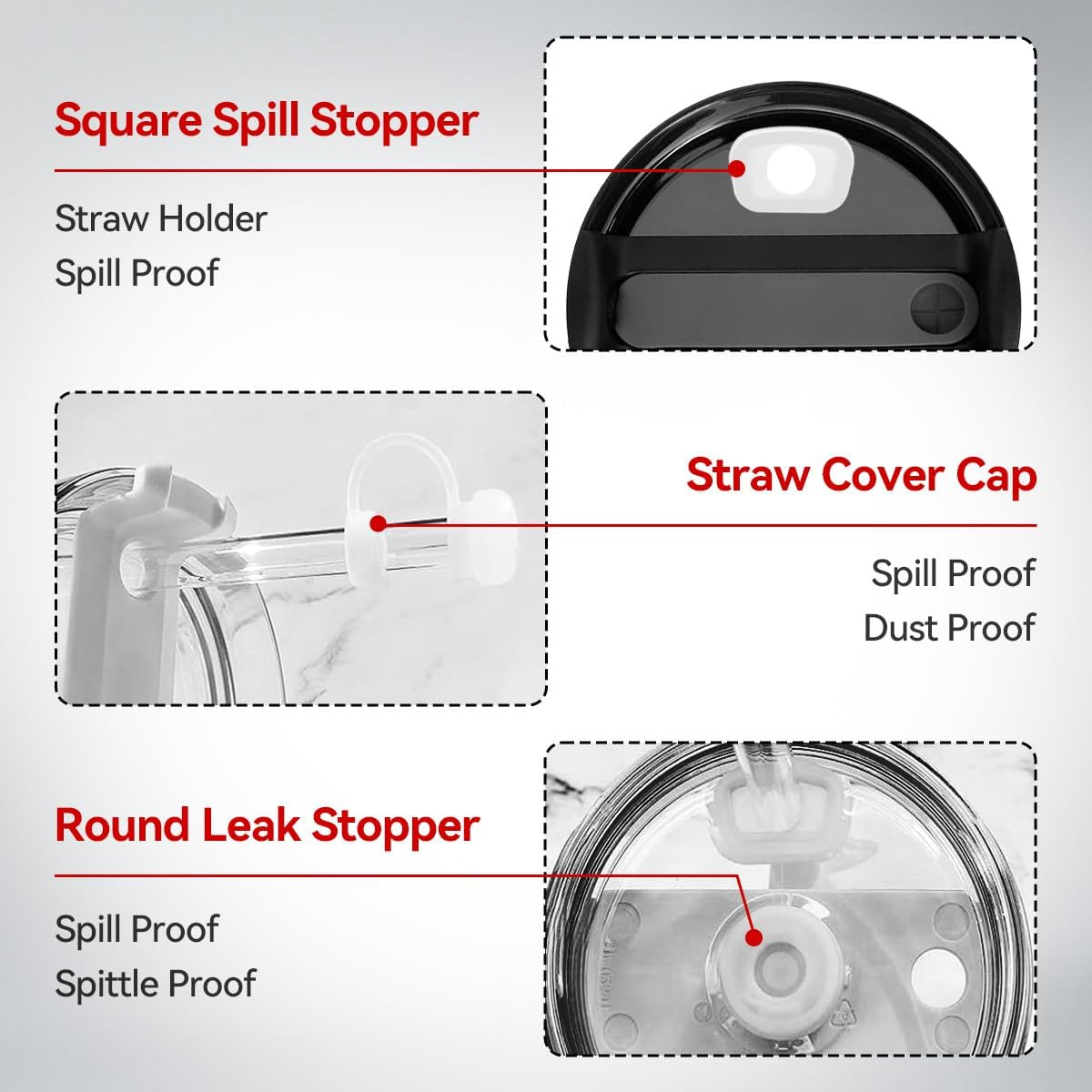 Proxima Direct Straw Cover Spill Stopper Accessories Compatible with Stanley Cup 2.0 40Oz/30Oz Include 6 Clear Straws Replacement with Cleaning Brush, 4 Leak Sproof Plug & 2 Silicone Cover Caps