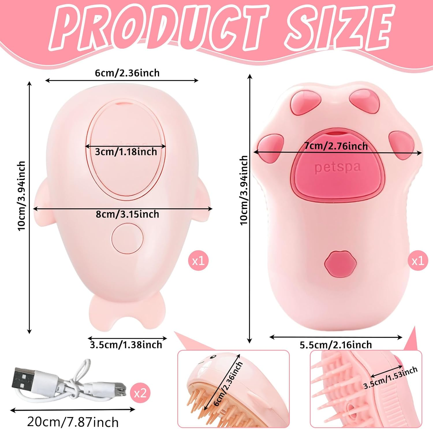 Pack of 2 Pet Cat Brush, Dog Brush, 3-In-1 Steamy Cat Brush, Self-Cleaning Slicker Brush, Removes Loose Undercoat, for Cats, Dogs, Massage, Self-Cleaning