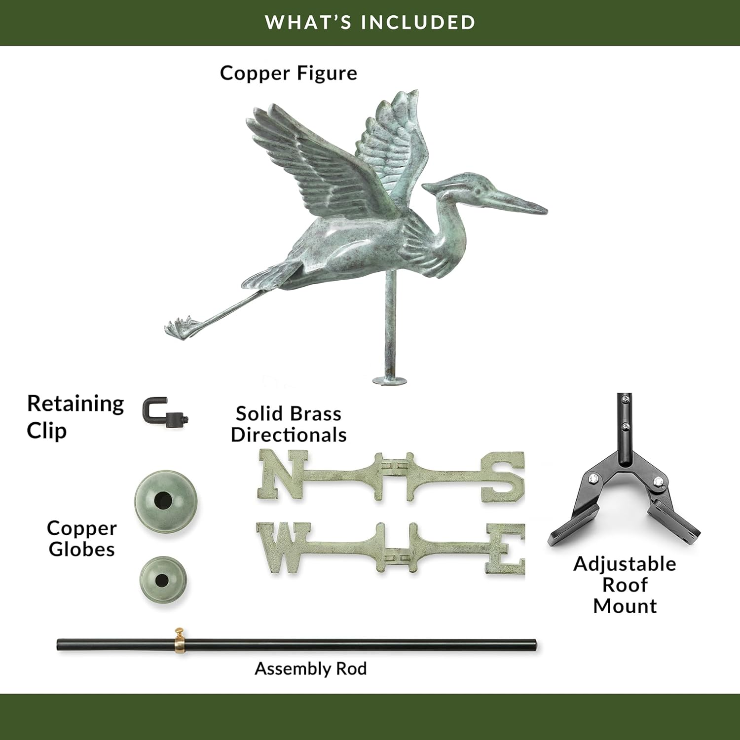 Good Directions Blue Heron Cottage Weathervane, Includes Roof Mount, Blue Verde Copper, Patina image number 1