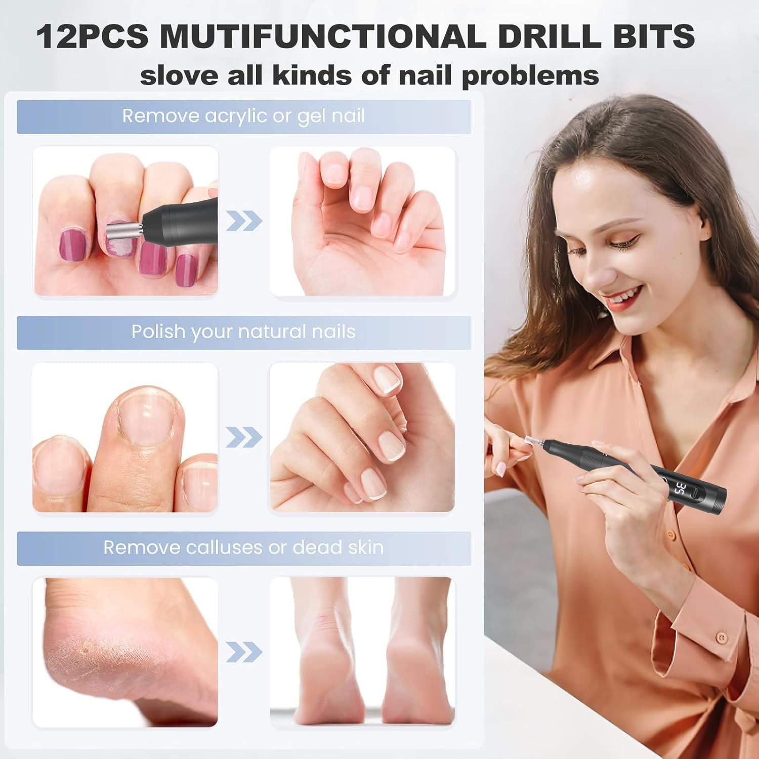 Professional Nail Drill Cordless, 35000RPM Touchscreen Portable Efile Nail Drill Kit with LCD Display for Manicure Pedicure Polishing, Foot Nail Grinder Electric Nail File Set for Home, Salon, Travel image number 4