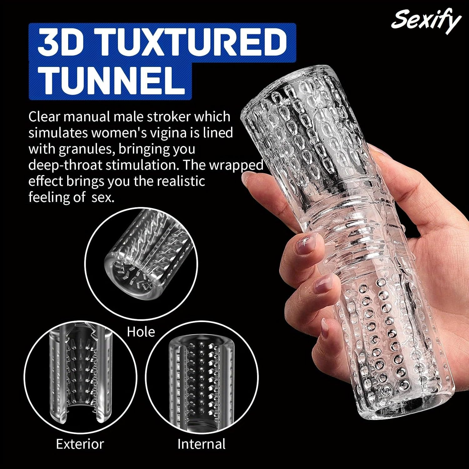 Male Masturbators, Portable Transparent Pocket Pussy Stroker Trainer Open Ended Realistic Spiral Textured Blowjob Sex Toys Penis TPE Masturbation Sleeve for Men Masturbator Adult Sex Toys image number 2
