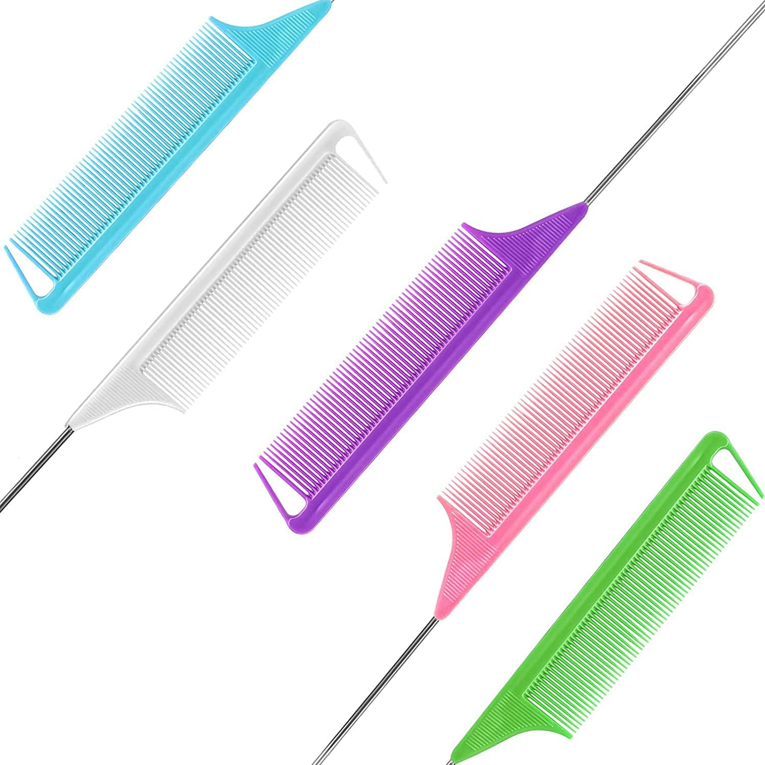 Rat Tail Comb for Hair Stylist: 5Pcs Parting Comb for Braids, Metal Long Steel Pin Rat Tail Teasing Combs, Professional Hair Salon Quality,Combs for Women (F Style) image number 5