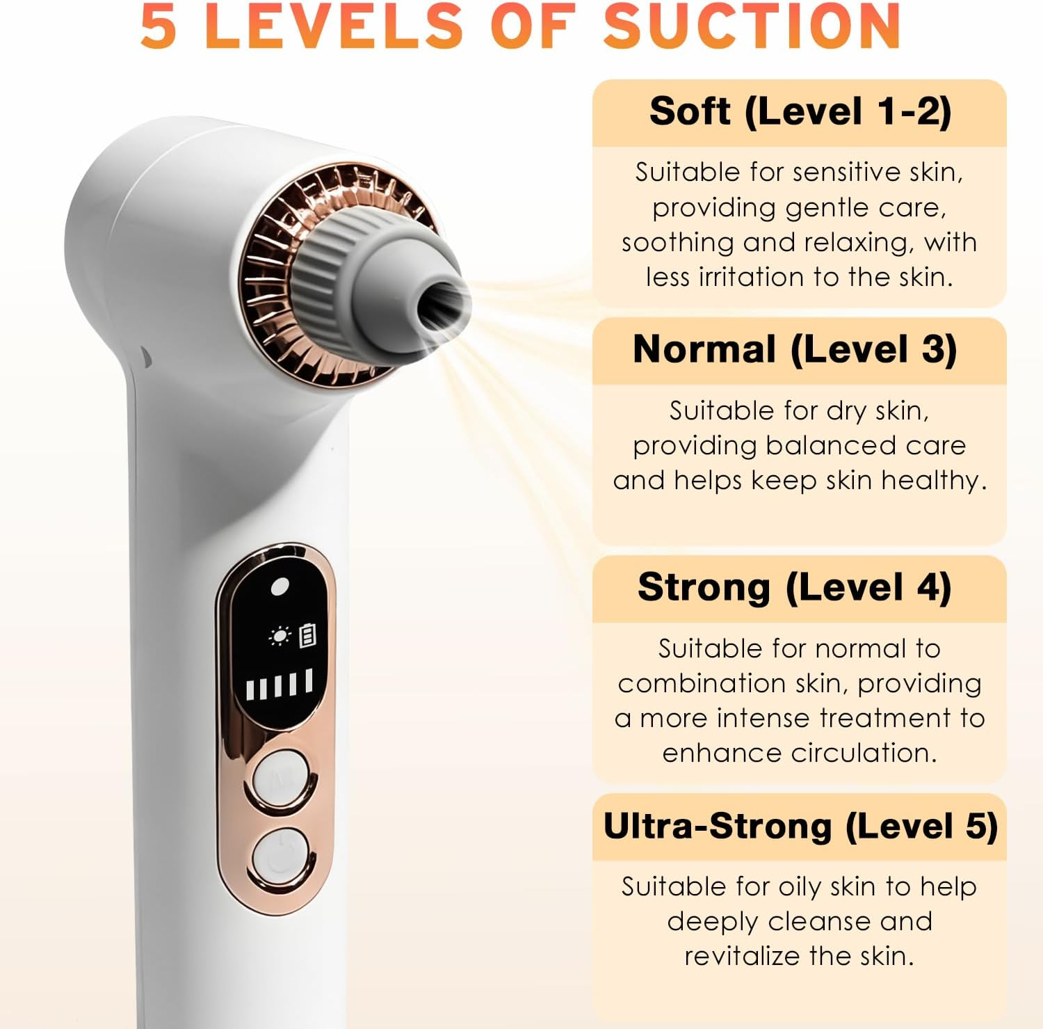 Yakiter Blackhead Remover, Pore Extractor Black Head Vacuum Remover with Heating, 5 Adjustable Suction Levels, 6 Replaceable Heads, Comedone Extractor Kit for Face Deep Cleansing (Gold) image number 4