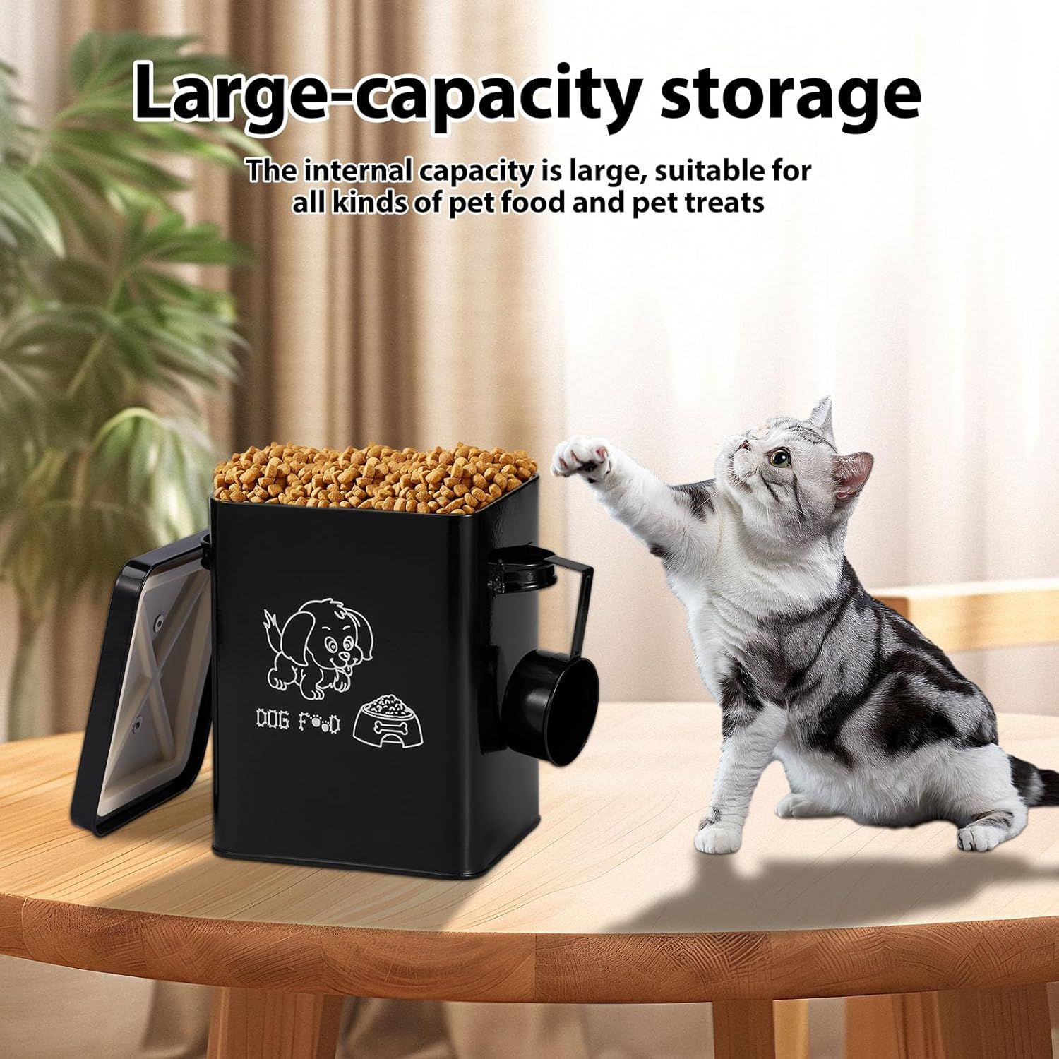 Fwqofvk Dog Food Storage Container, Metal Cat Food Storage Container, Good Sealing Square Dog Can with Lid and Spoon, Pet Chow Storage Canister Tin for Home 18&times;15.5&times;23Cm Black image number 5