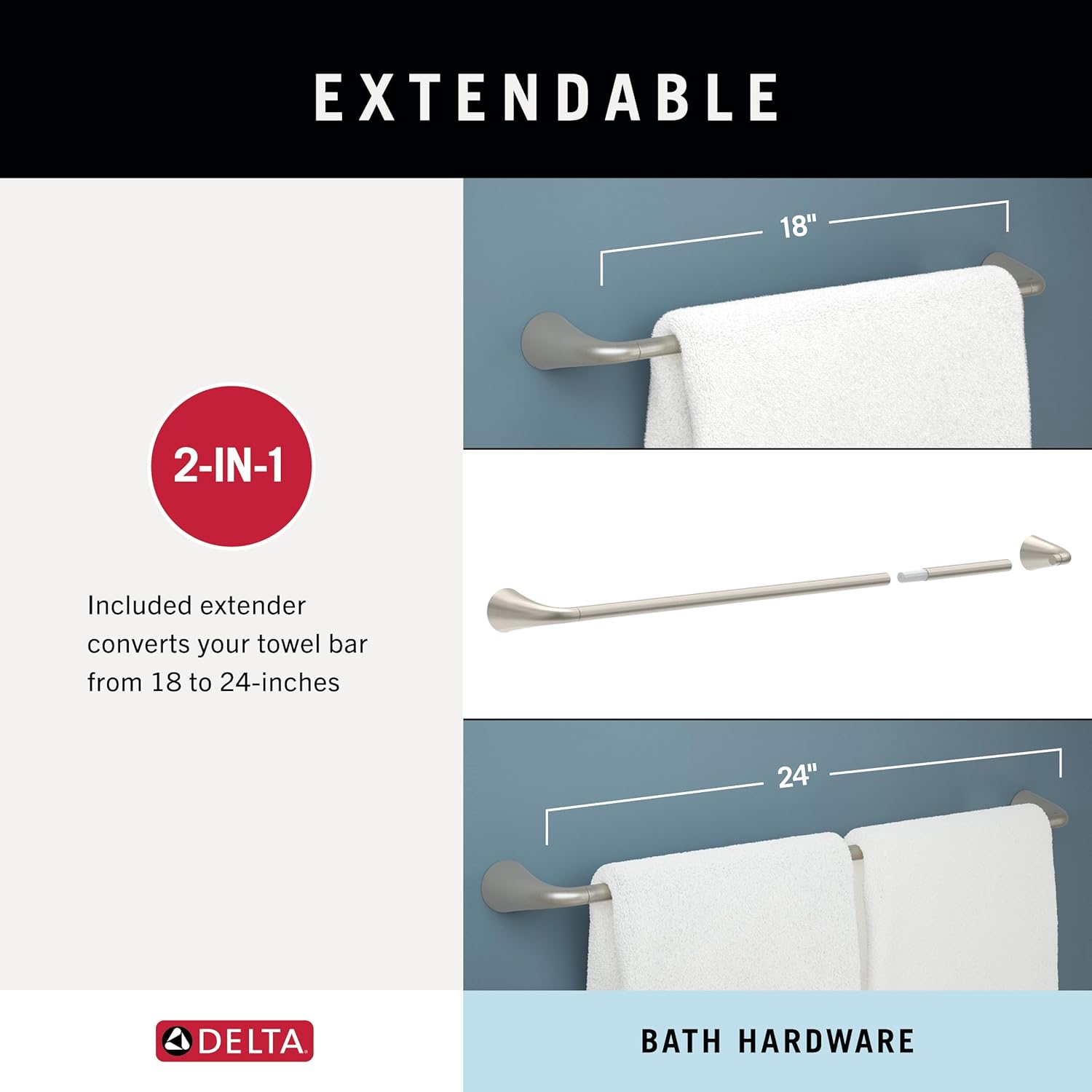 Delta ARV64-DN Arvo 4-Piece Bath Hardware Set 18-In Towel Bar W/ 6-In Extender, Toilet Paper Holder, Towel Ring, Hook, Brushed Nickel image number 6