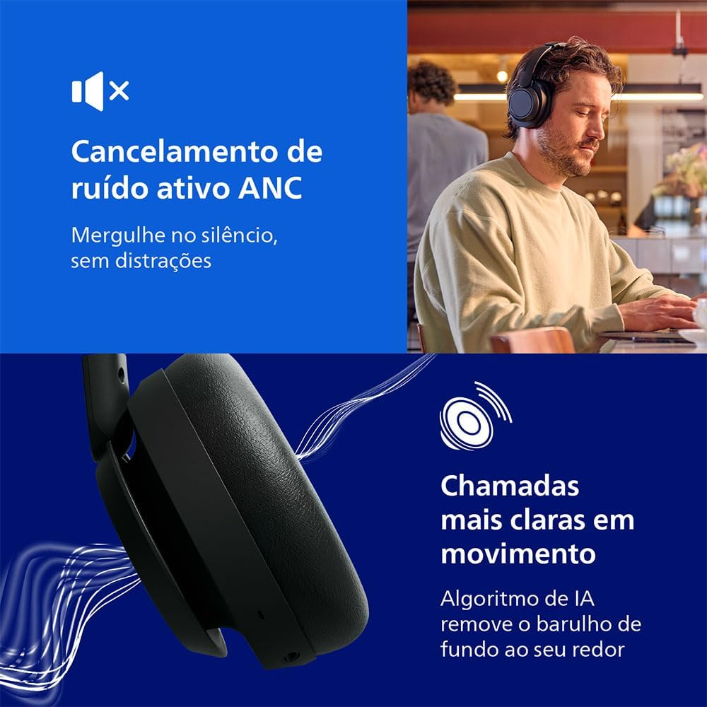 Philips TAH6509BK/00 Noise Cancelling Over-Ear Wireless Bluetooth Headphones - Excellent Call Quality, Compatible with Voice Assistants and up to 45 Hours of Music Playback Time - Black image number 6