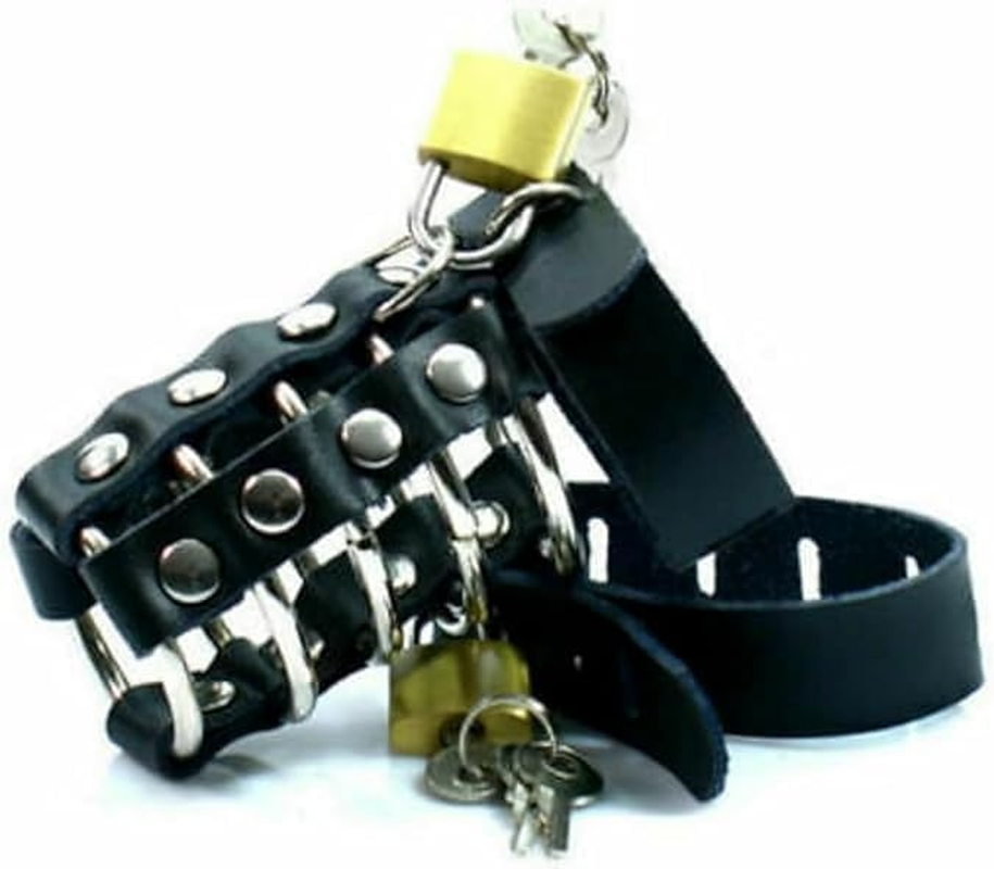 Real Leather Metal Ring Scrotum BDSM Male Chastity Ball Stretcher Device Cage for Men Adults Sex Toys image number 3