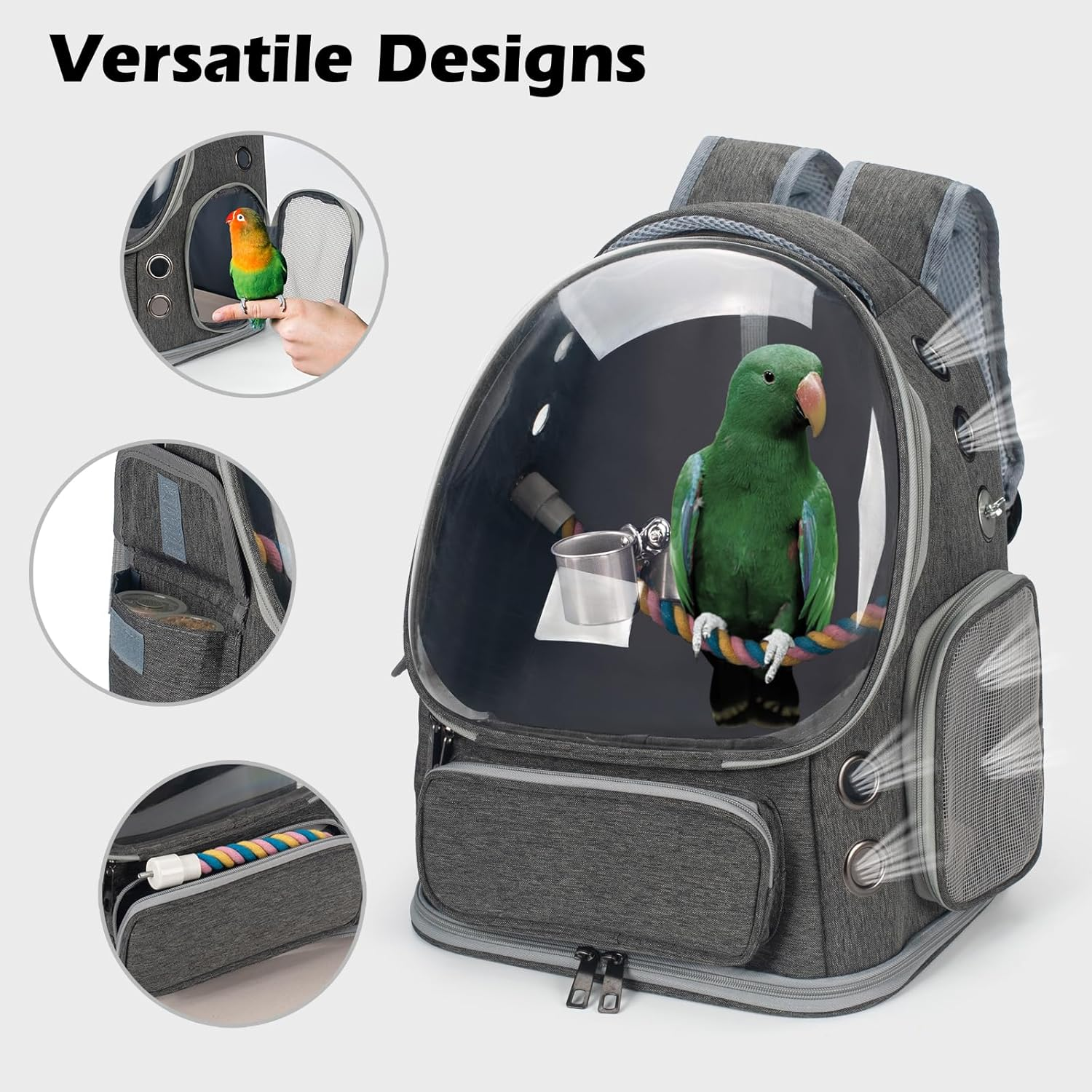 Bird Backpack Carrier Travel Cage with Perch, Tray and Breathable Clear Window, Bird Travel Cage for Cockatiel Caique Conure Quaker, for Vetting Camping Hiking (Grey) - Green image number 3
