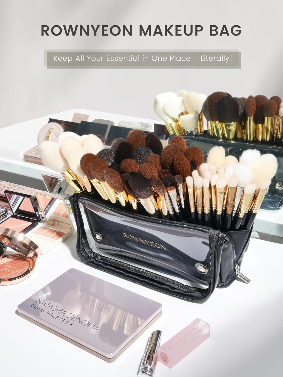 ROWNYEON Makeup Brush Bag, High Capacity Stand-Up Makeup Brush Holder, Travel Professional Cosmetic Bag Artist Organizer Bag Large Makeup Brush Case with Adjustable Divider (Brushes Not Included) image number 5