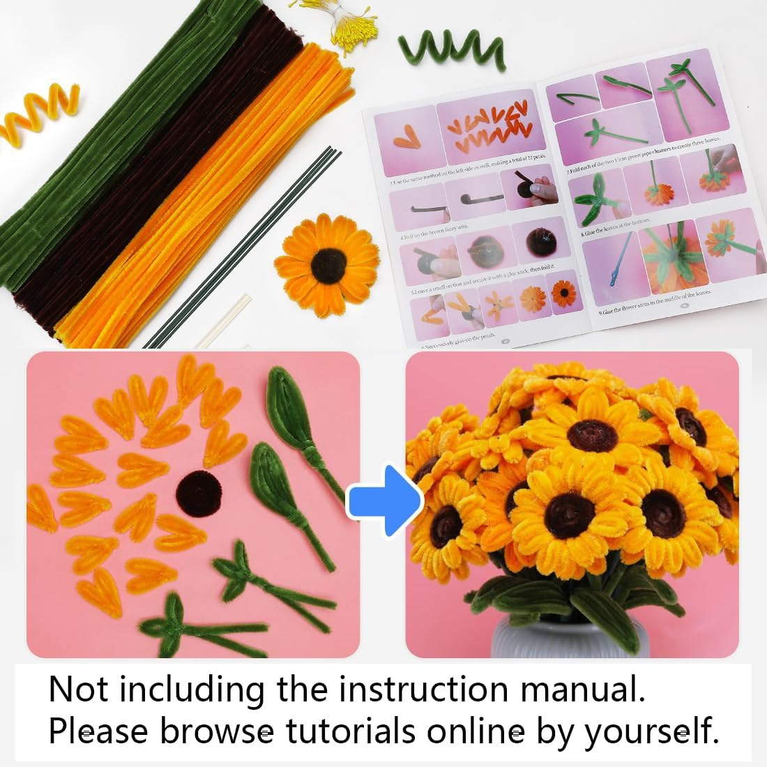 Pipe Cleaners, 480Pcs Yellow Sunflowers, Flower Making Kit, Arts and Craft Supplies, Pipe Cleaners for Flowers, Craft Supplies Kit, Ideas for Art Project Activity image number 2